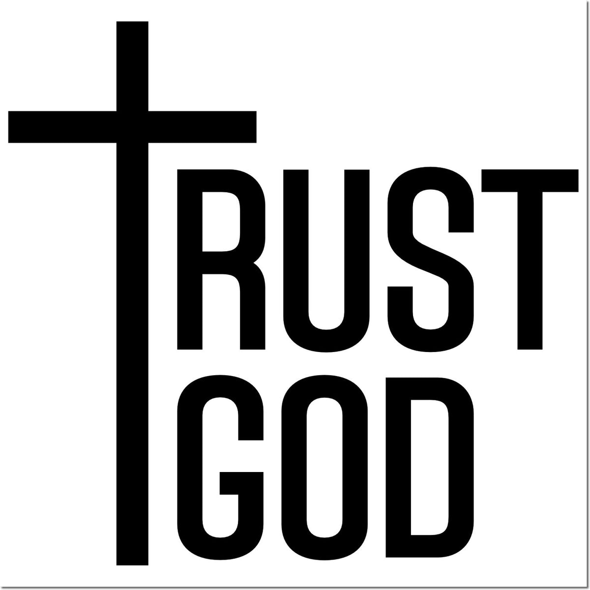 Black TRUST GOD stamp seal design with cross-shaped T on a white background.