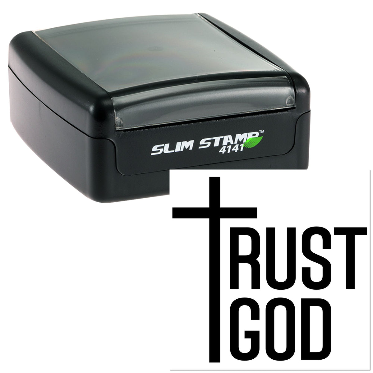 Black self-inking stamp and seal with clear gray cover, Slim Stamp 4141, and bold plus-sign TRUST IN GOD logo.