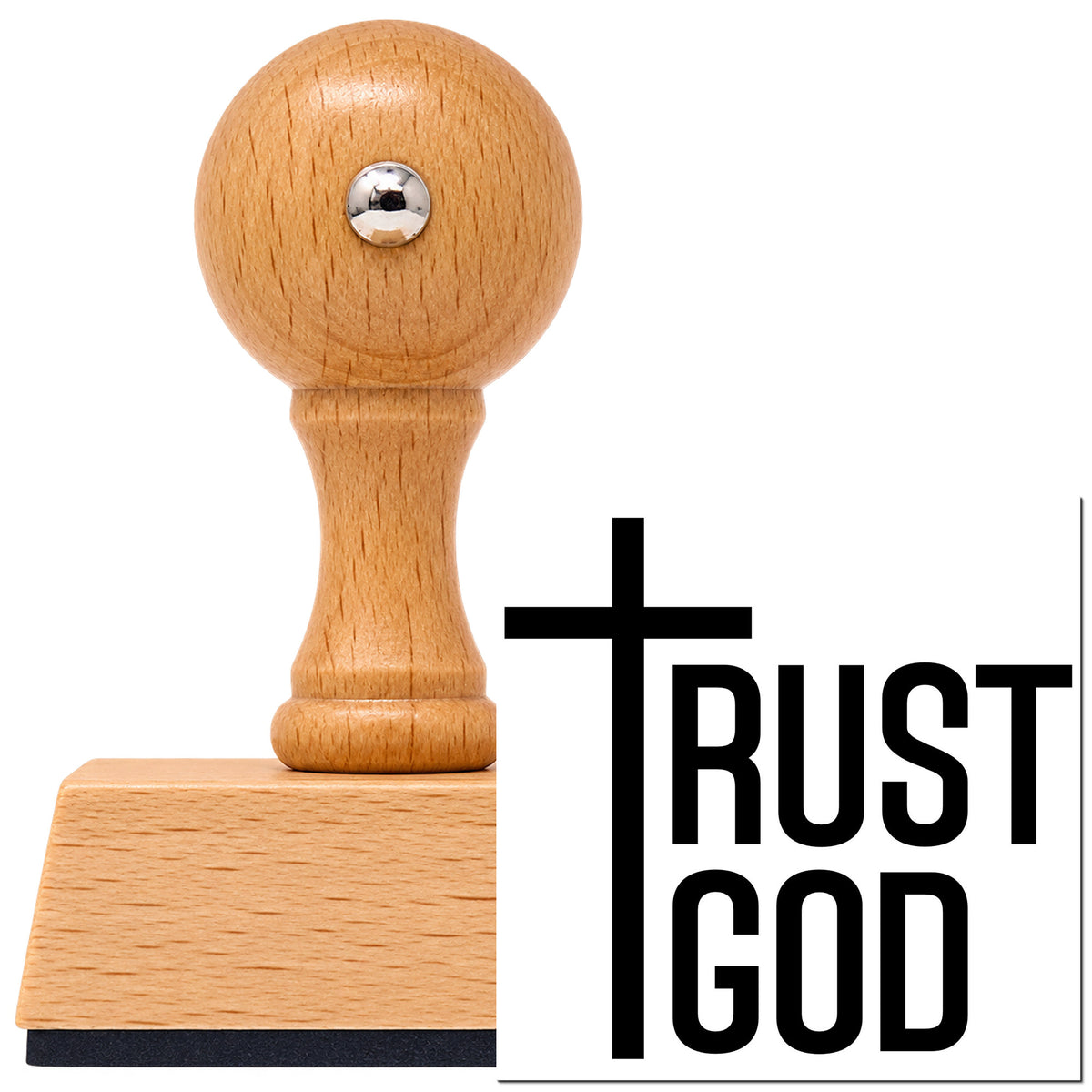 Vintage Pro beech wood stamp with a round knob handle, shown with its black Trust God Cross imprint on white.