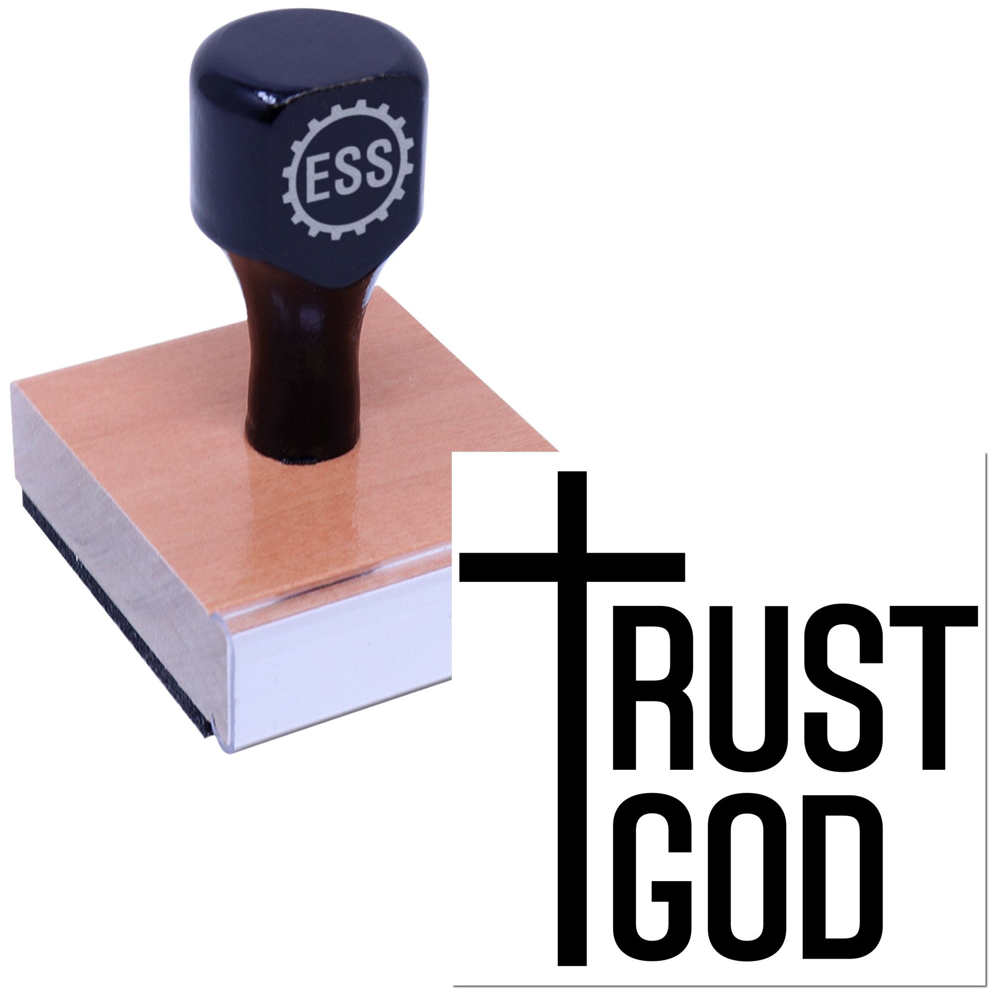 Black rubber stamp and seal product with ESSE logo on a wooden block, plus Trust God branding on white.
