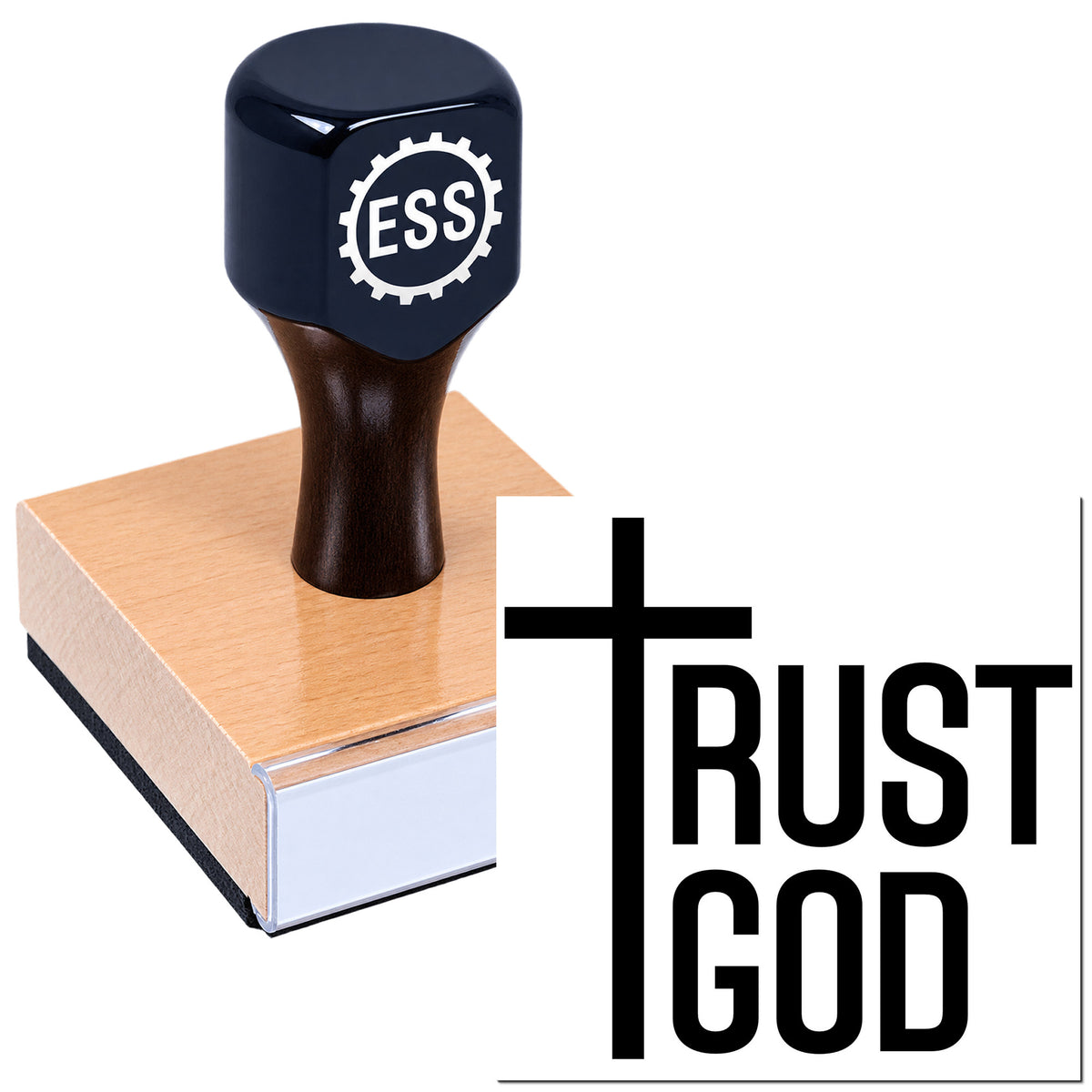 Black rubber stamp and seal product with ESSE logo on a wooden block, plus Trust God branding on white.
