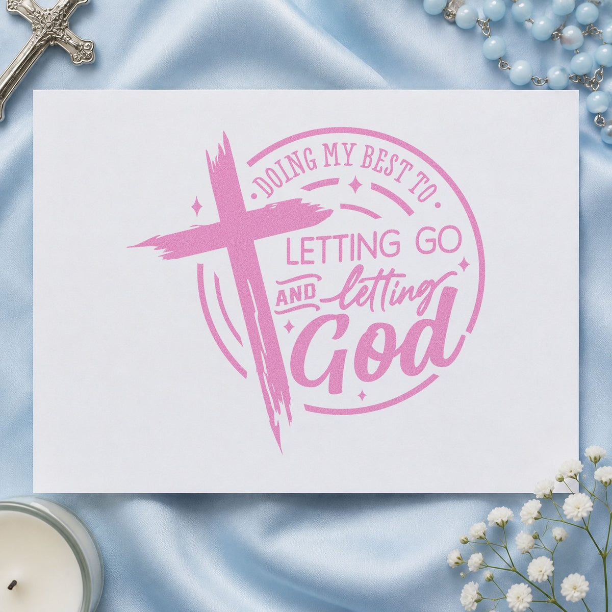 Letting Go and Letting God craft stamp in purple ink on cardstock, an easy option for empty nest gifts.