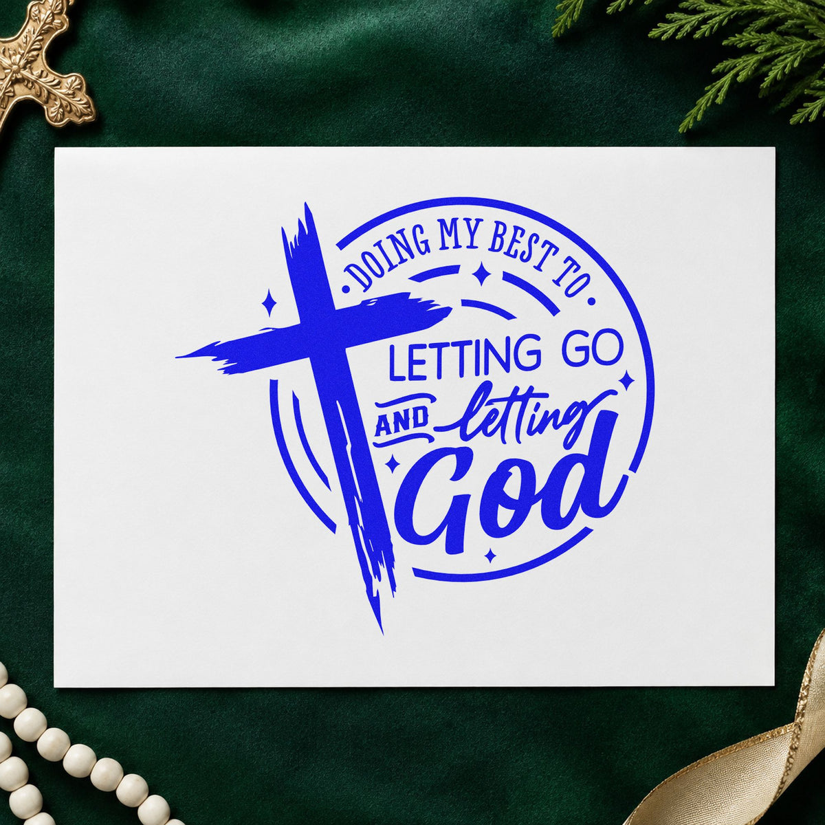 Letting Go and Letting God craft stamp in blue ink on cardstock, an easy option for round label seals.