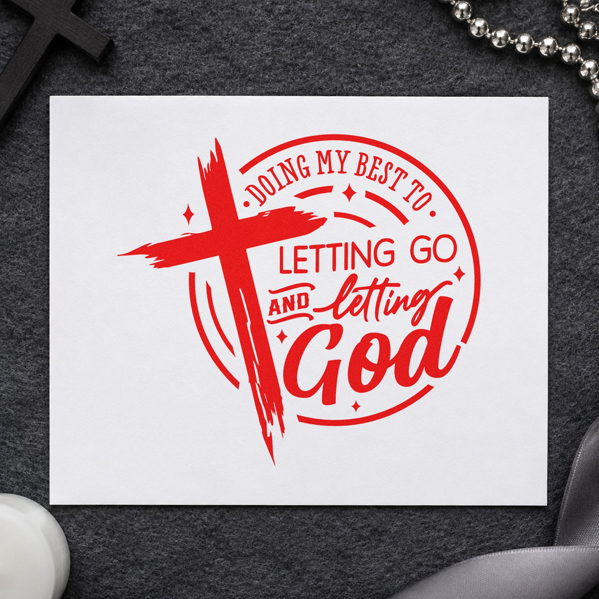 Letting Go and Letting God rubber stamp shown in red ink, stamped for projects such as therapy group notes.