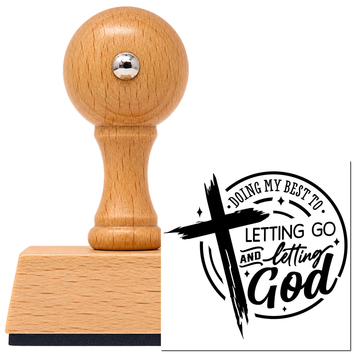 Vintage Pro beech wood stamp with a round knob handle, shown with its black Letting Go And Letting God imprint on white.