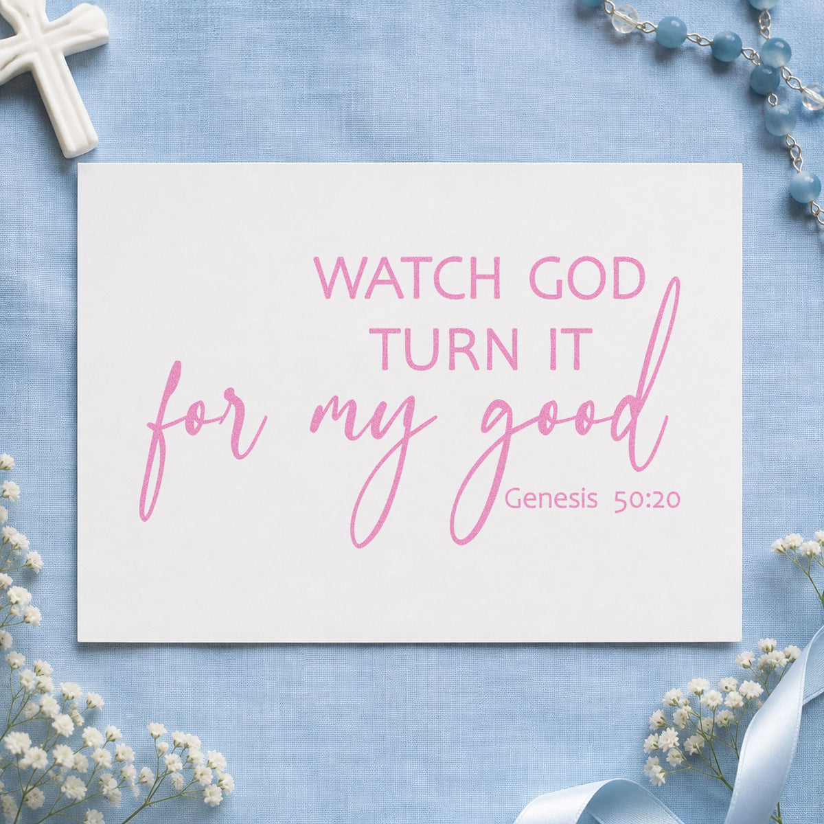Watch God Turn It for Good craft stamp in purple ink on cardstock, an easy option for layoff support notes.