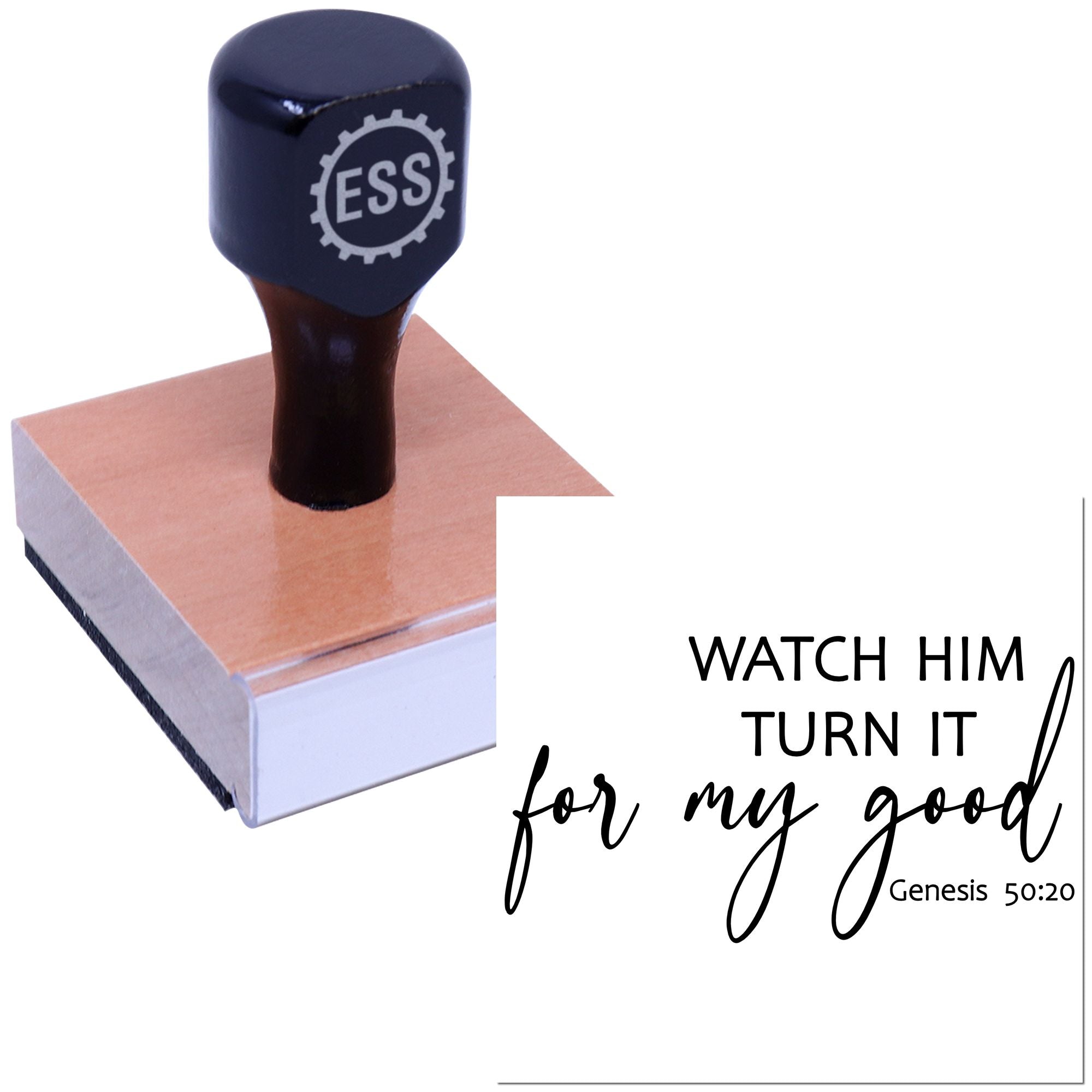 Black ESS stamp seal on copper-toned block with Watch him turn it for my good and Genesis 50:20.
