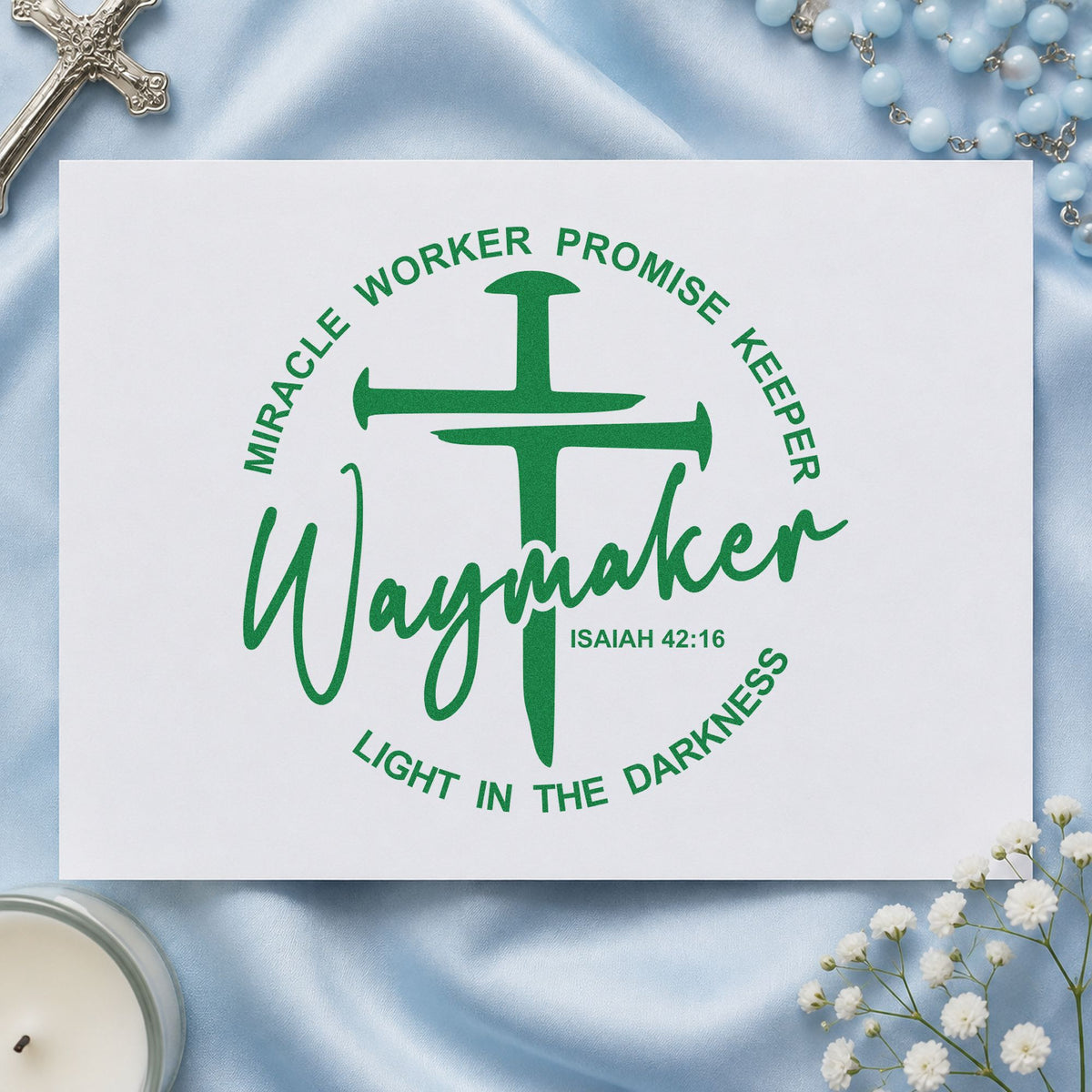 Waymaker Cross Circle craft stamp imprint in green ink on a handmade project, one idea being worship concert tees.