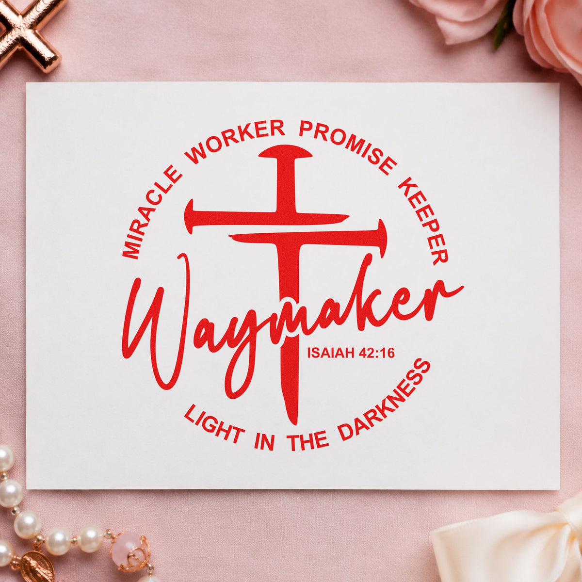 Waymaker Cross Circle rubber stamp shown in red ink, stamped for projects such as journal cover stamping.