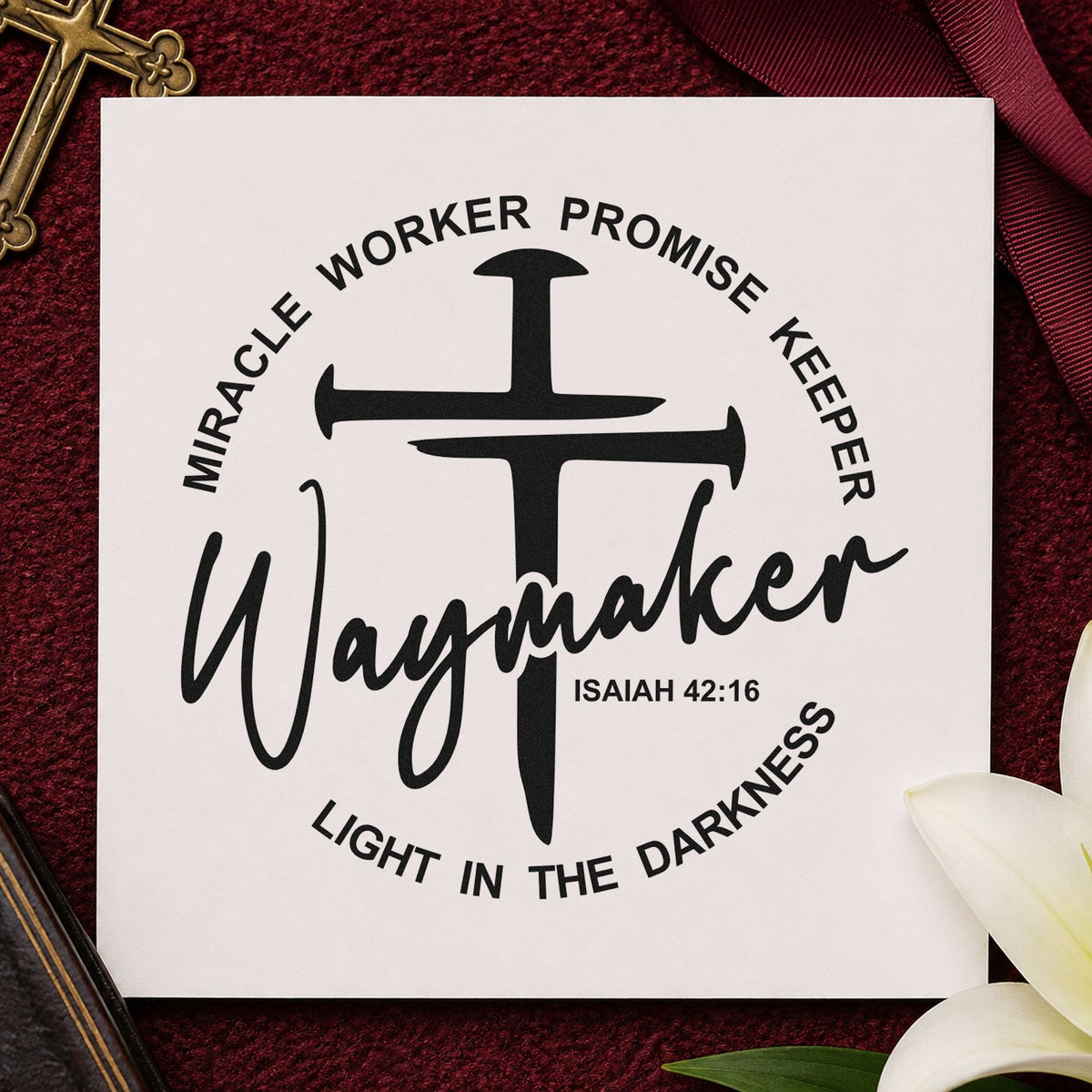 Waymaker Cross Circle rubber stamp printed in black ink, ready for nail cross cards and similar paper crafts.