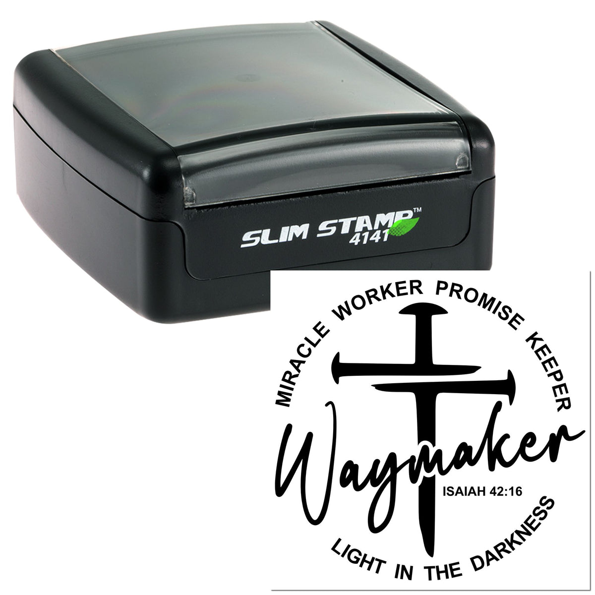 Black Slim Stamp 4141 self-inking stamp with gray clear cap and white circular seal reading Miracle Worker Promise Keeper