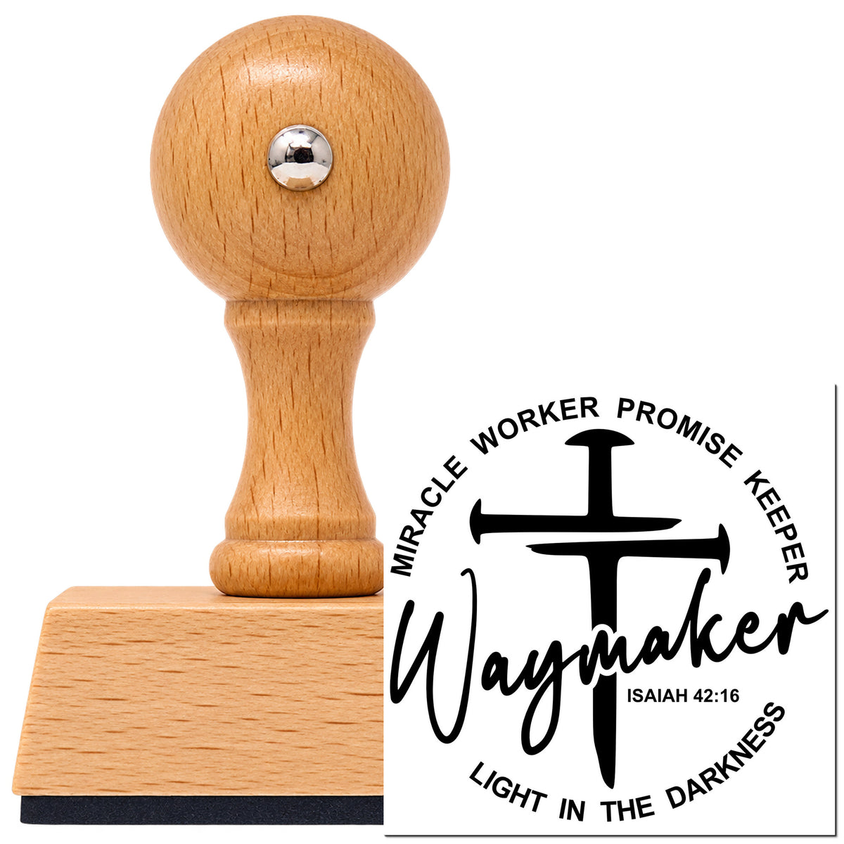 Vintage Pro beech wood stamp with a round knob handle, shown with its black Three-Nail Cross With Waymaker Script imprint on white.