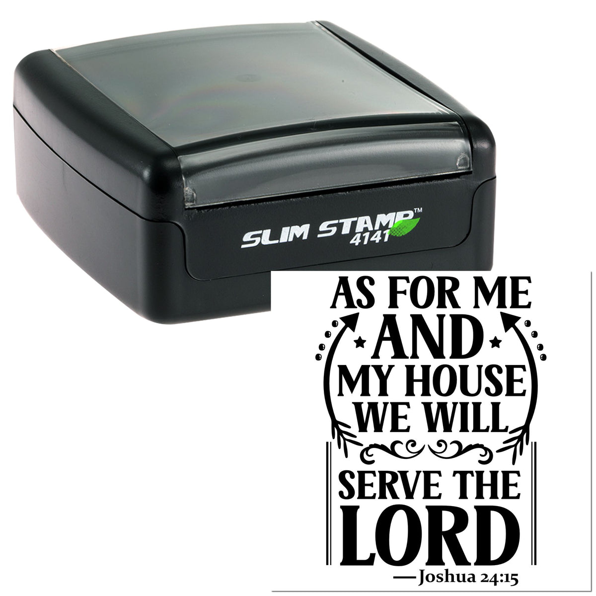 Black Slim Stamp self-inking stamp with gray clear cap and custom religious seal design in bold black.