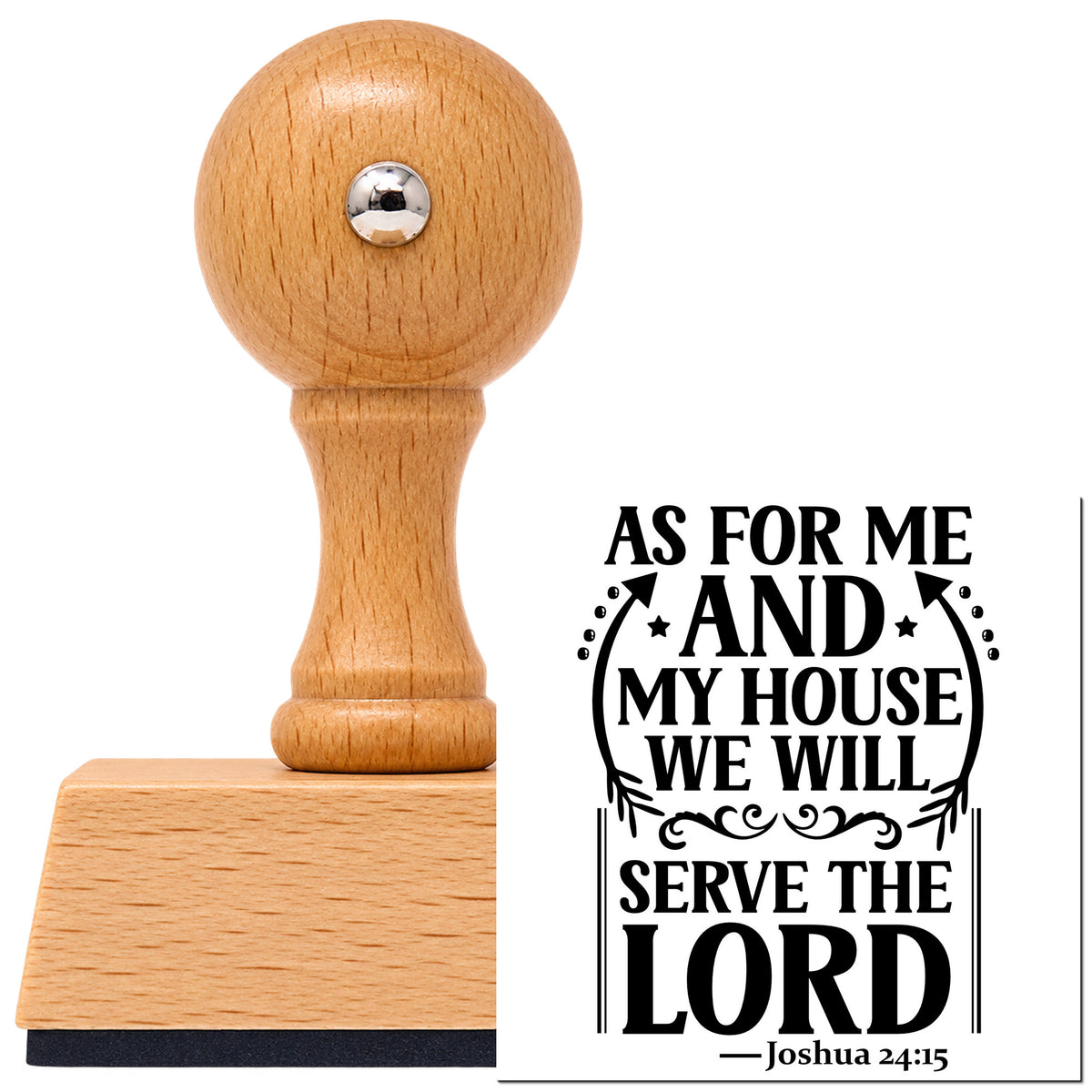 Vintage Pro beech wood stamp with a round knob handle, shown with its black As For Me And My House, We Will Serve The Lord imprint on white.
