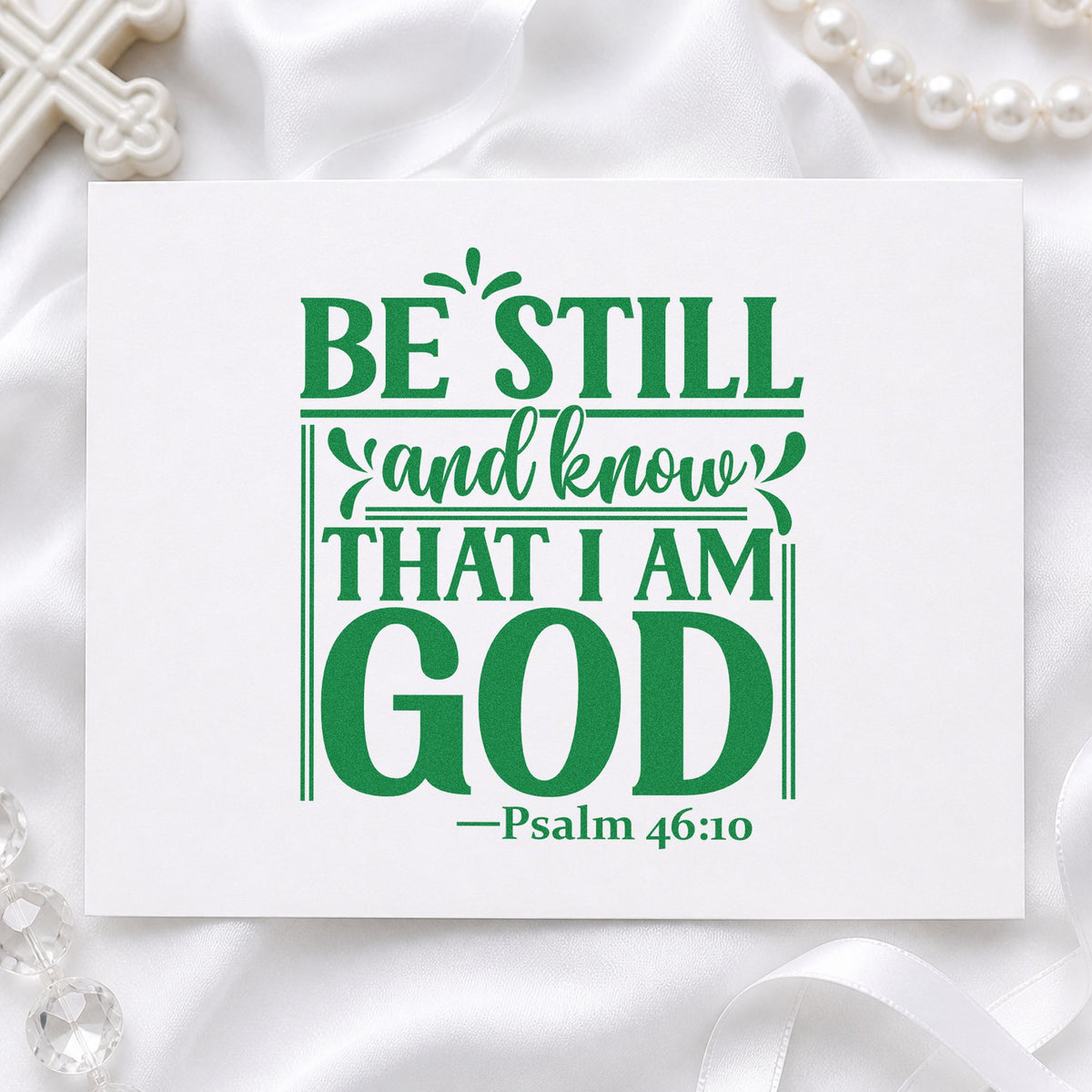 Be Still and Know God craft stamp imprint in green ink on a handmade project, one idea being retreat programs.