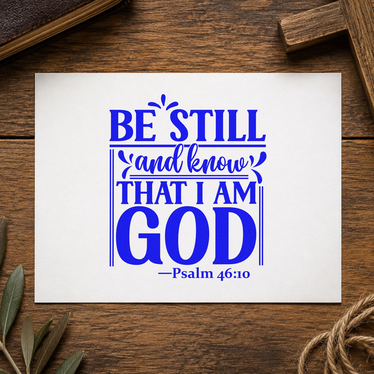 Be Still and Know God craft stamp in blue ink on cardstock, an easy option for canvas totes.