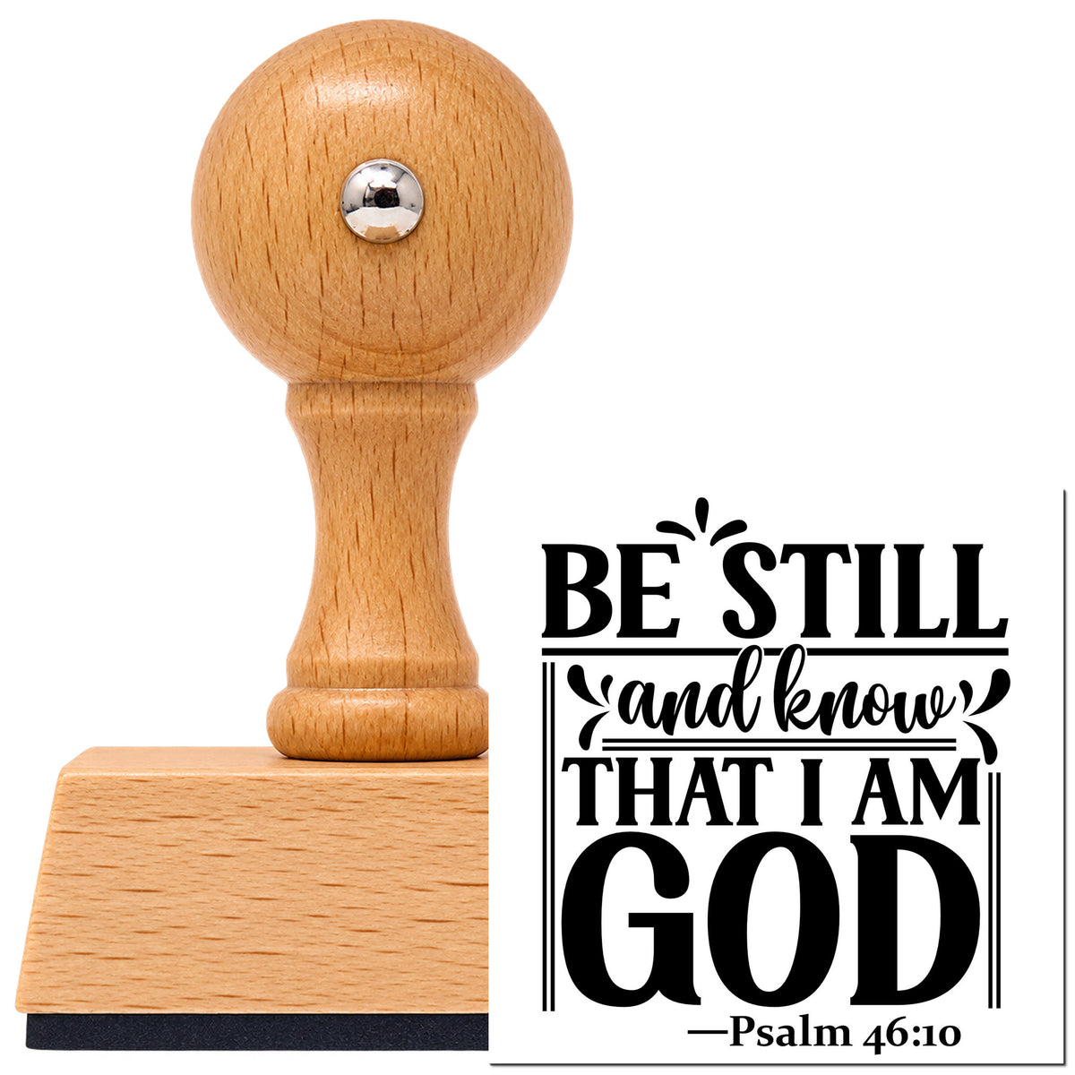 Vintage Pro beech wood stamp with a round knob handle, shown with its black Be Still And Know God imprint on white.
