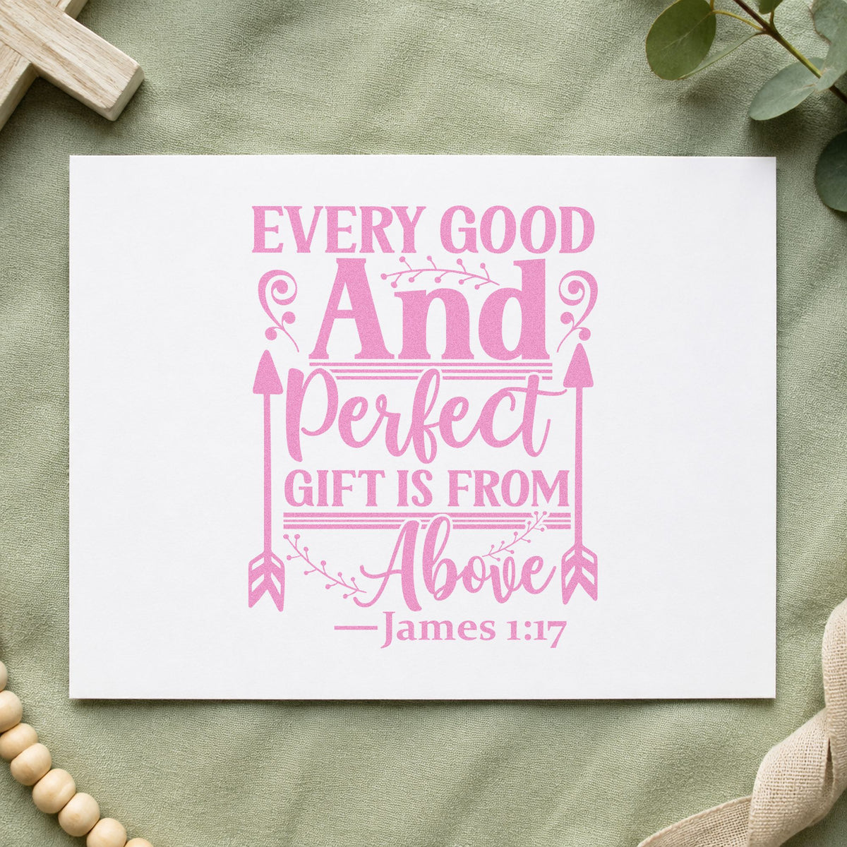 Every Good and Perfect Gift craft stamp in purple ink on cardstock, an easy option for baby shower favors.