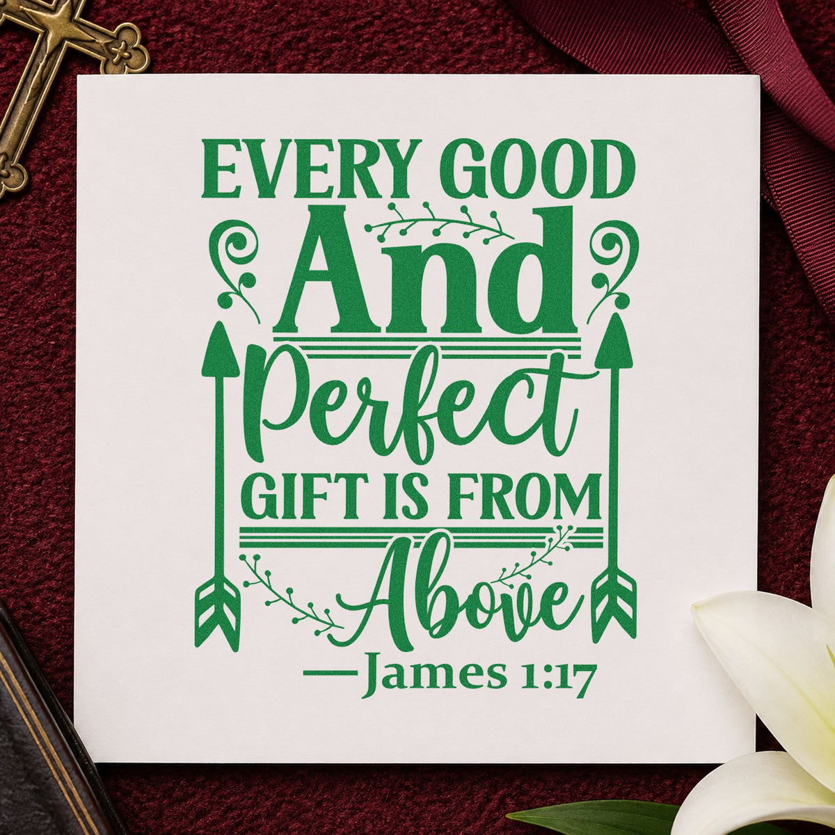 Every Good and Perfect Gift craft stamp imprint in green ink on a handmade project, one idea being present labels.