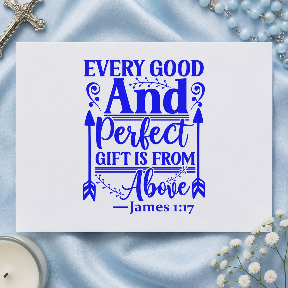 Every Good and Perfect Gift craft stamp in blue ink on cardstock, an easy option for canvas totes.