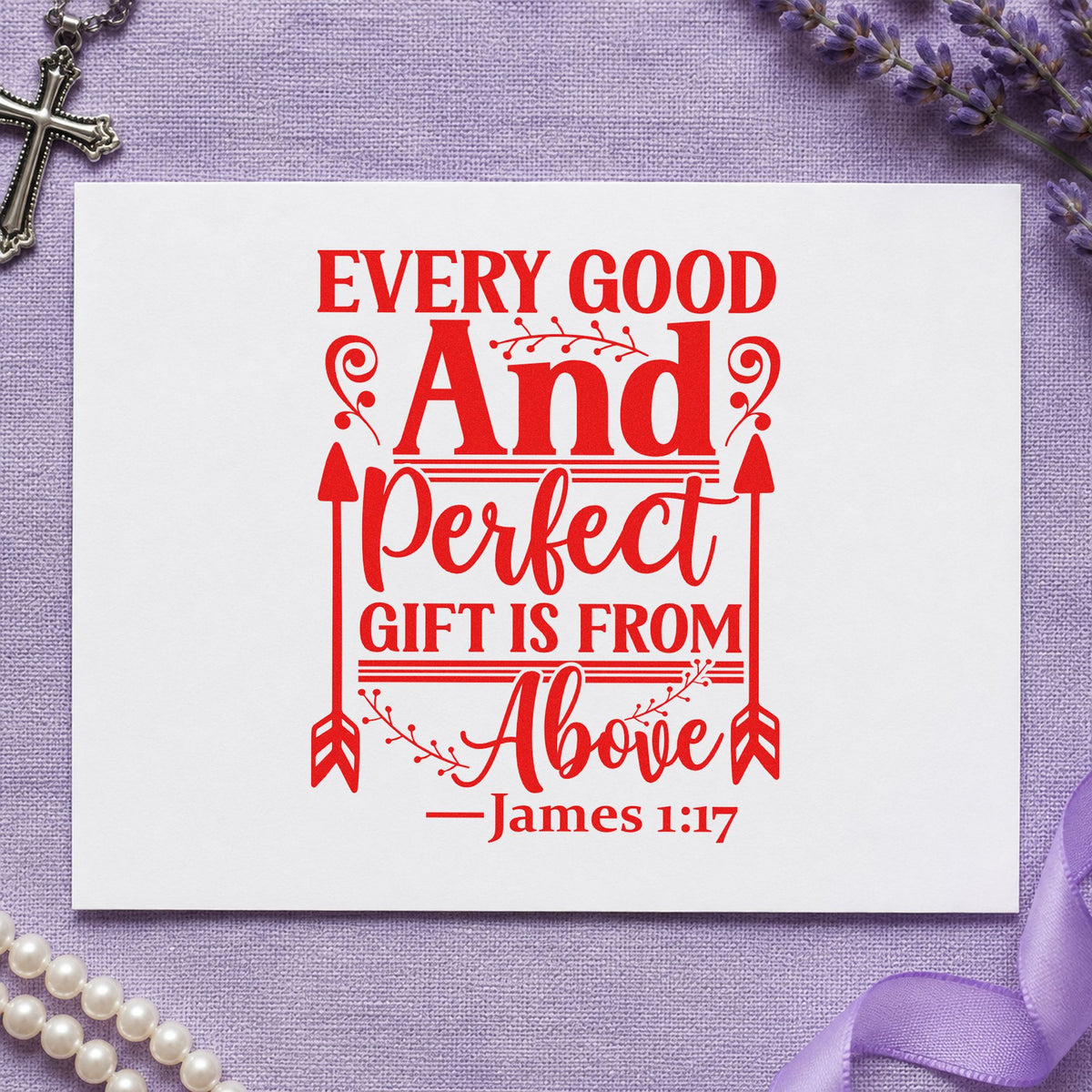Every Good and Perfect Gift rubber stamp shown in red ink, stamped for projects such as wedding gift tags.