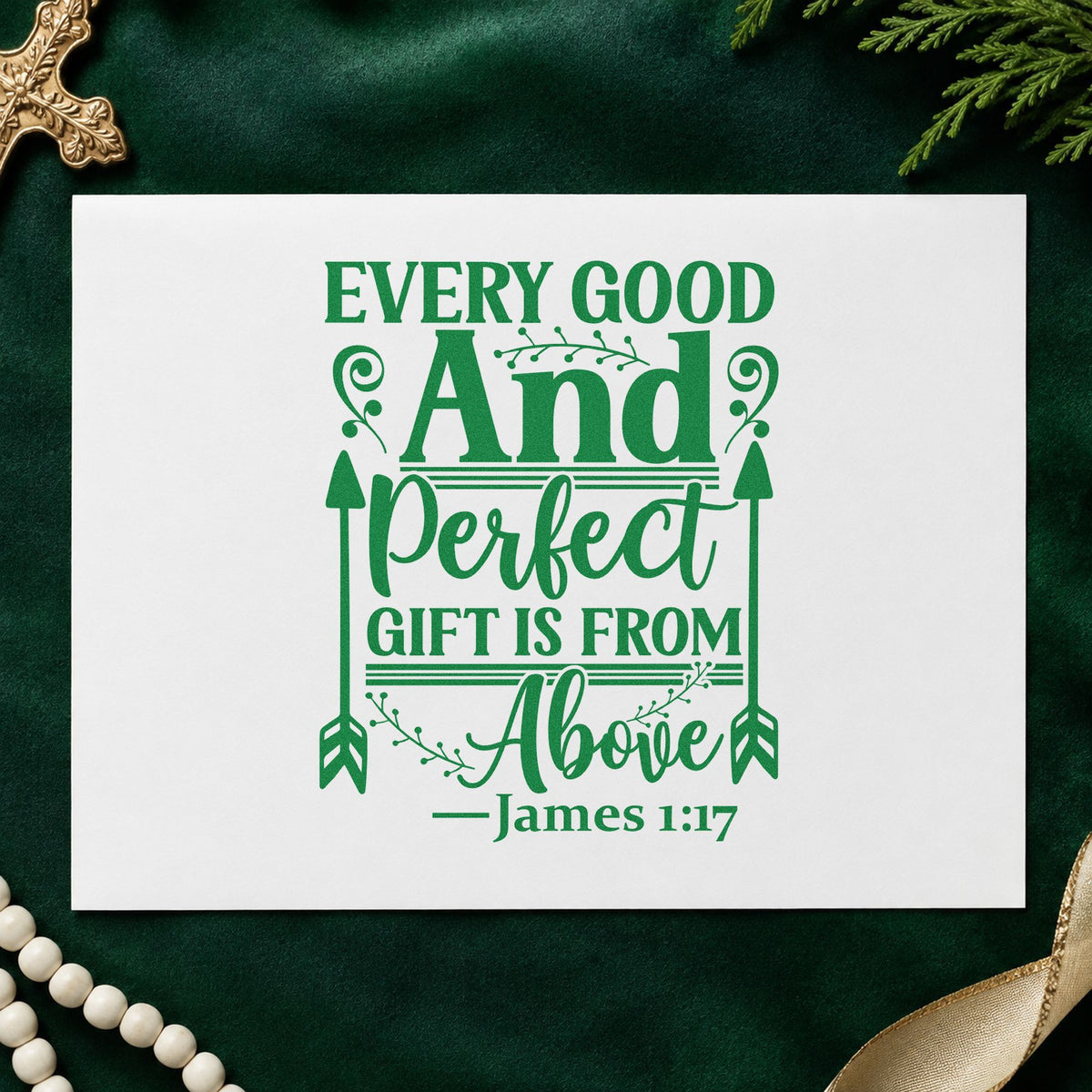 Every Good and Perfect Gift craft stamp imprint in green ink on a handmade project, one idea being framed nursery art.