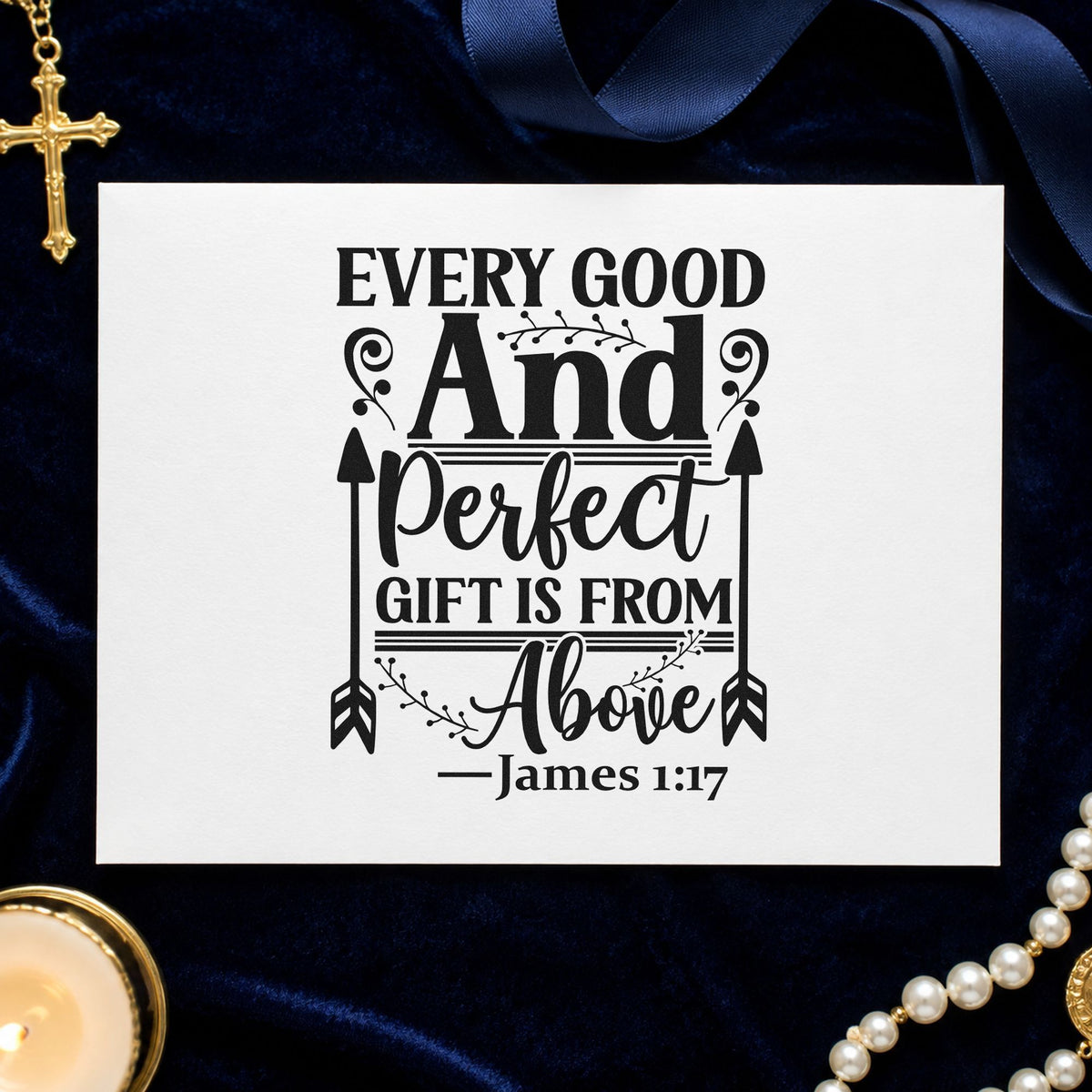 Every Good and Perfect Gift rubber stamp printed in black ink, ready for good gift cards and similar paper crafts.