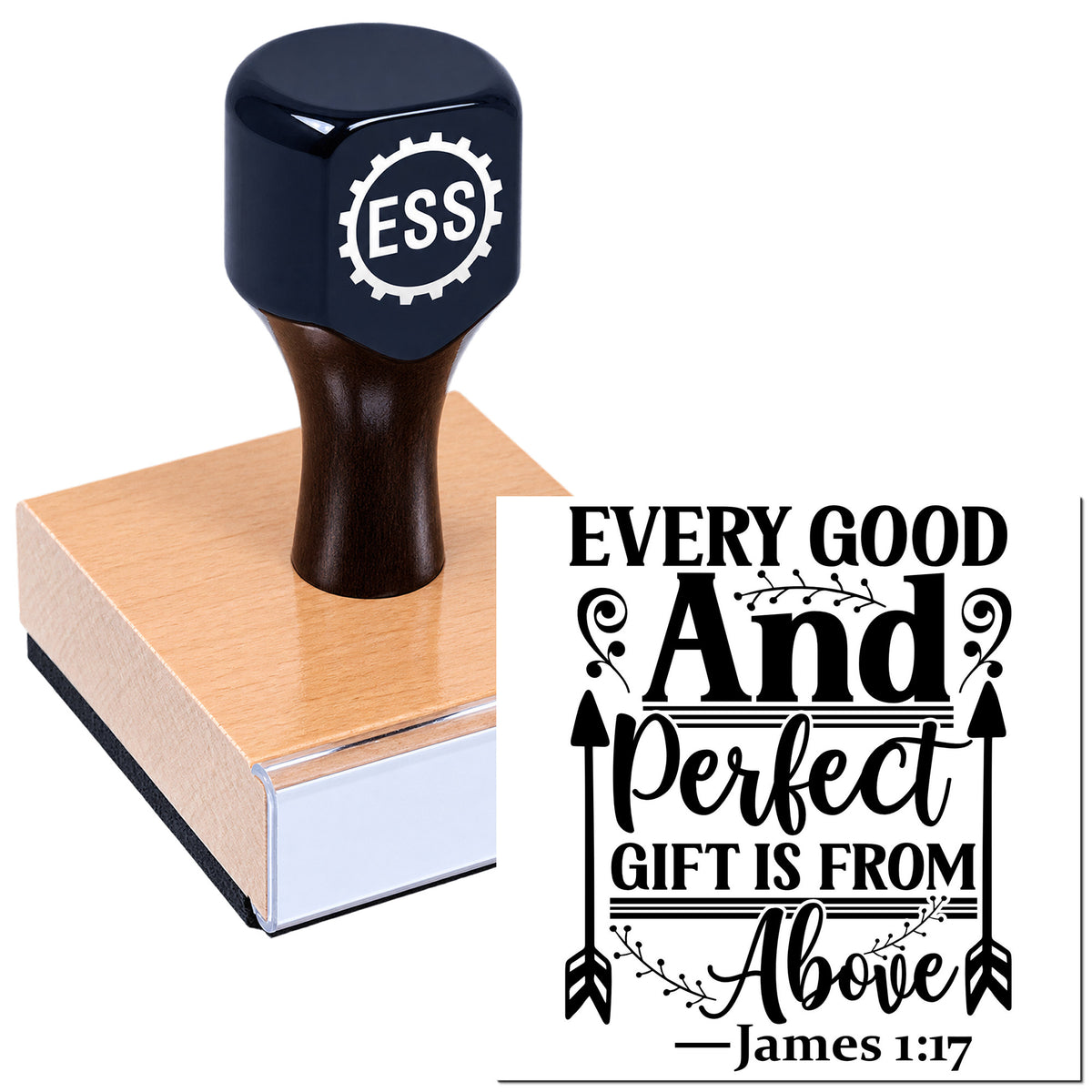 Black ESS rubber stamp and seal on a pink-topped block with white base, showing "Every Good and Perfect Gift" design.