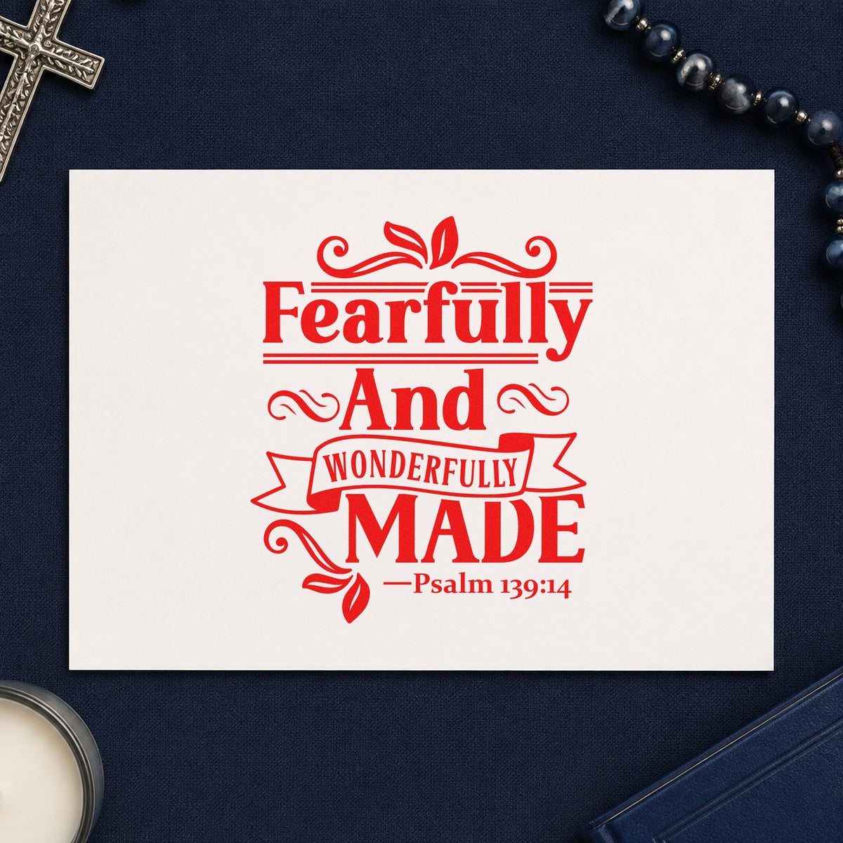 Fearfully and Wonderfully Made rubber stamp shown in red ink, stamped for projects such as mirror clings.