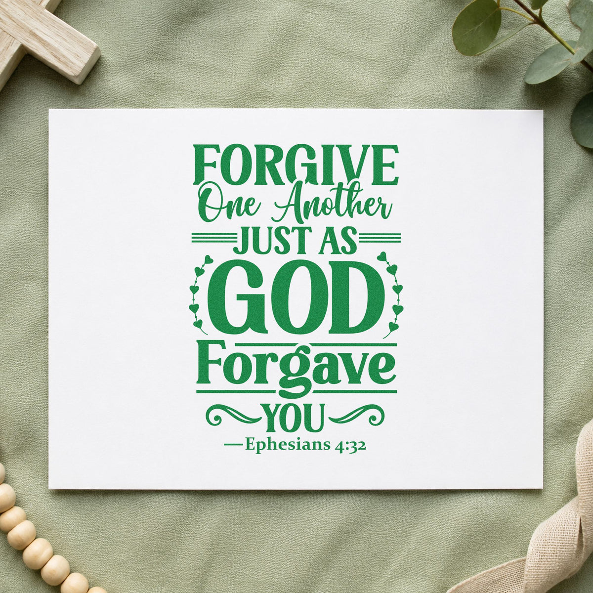 Forgive One Another craft stamp imprint in green ink on a handmade project, one idea being wedding gifts.