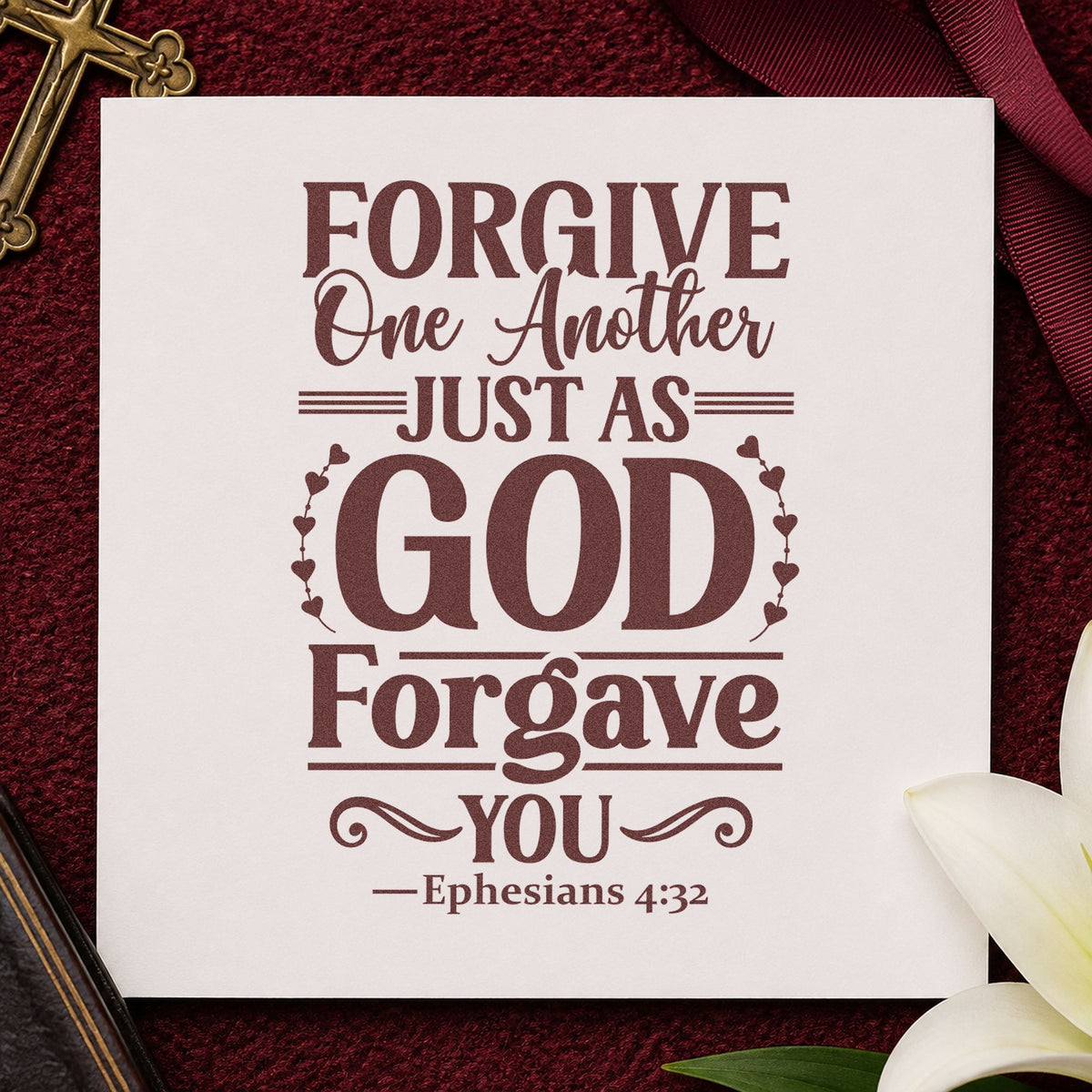 Forgive One Another rubber stamp printed in brown ink, ready for family reunion tags and similar paper crafts.