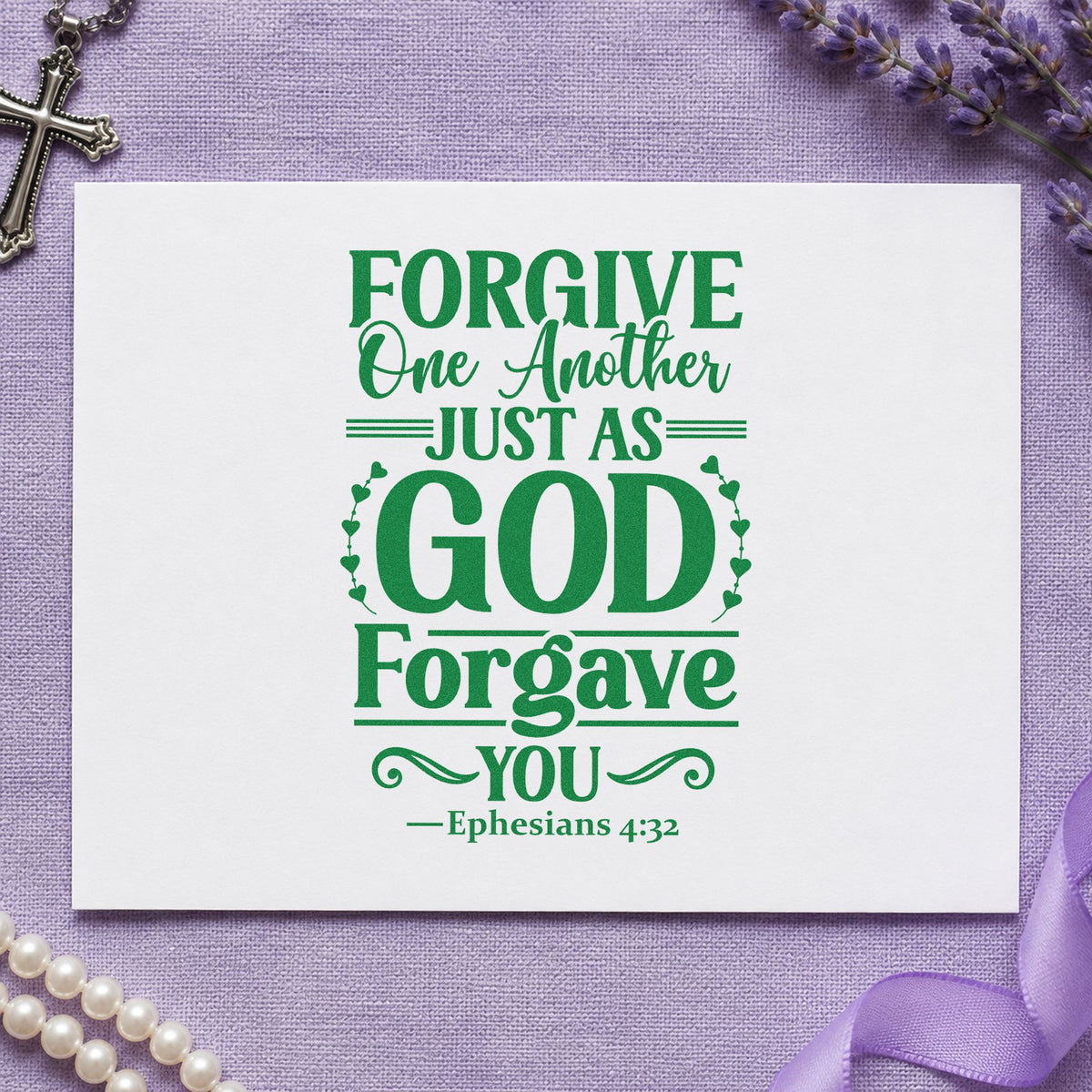 Forgive One Another craft stamp imprint in green ink on a handmade project, one idea being framed kitchen art.
