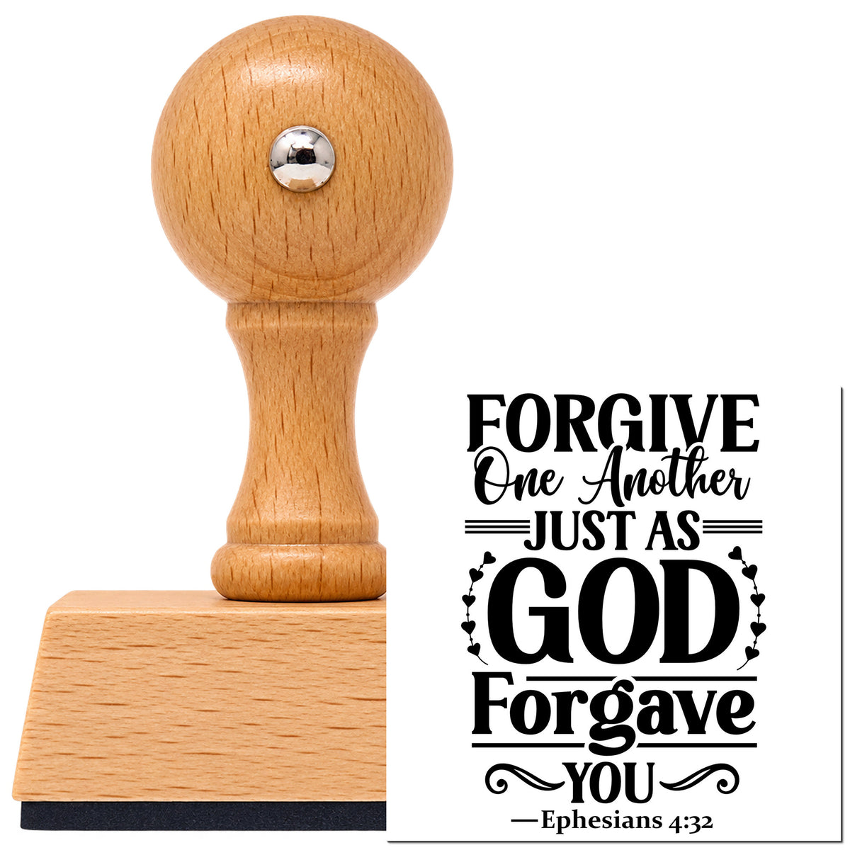 Vintage Pro beech wood stamp with a round knob handle, shown with its black Forgive One Another imprint on white.