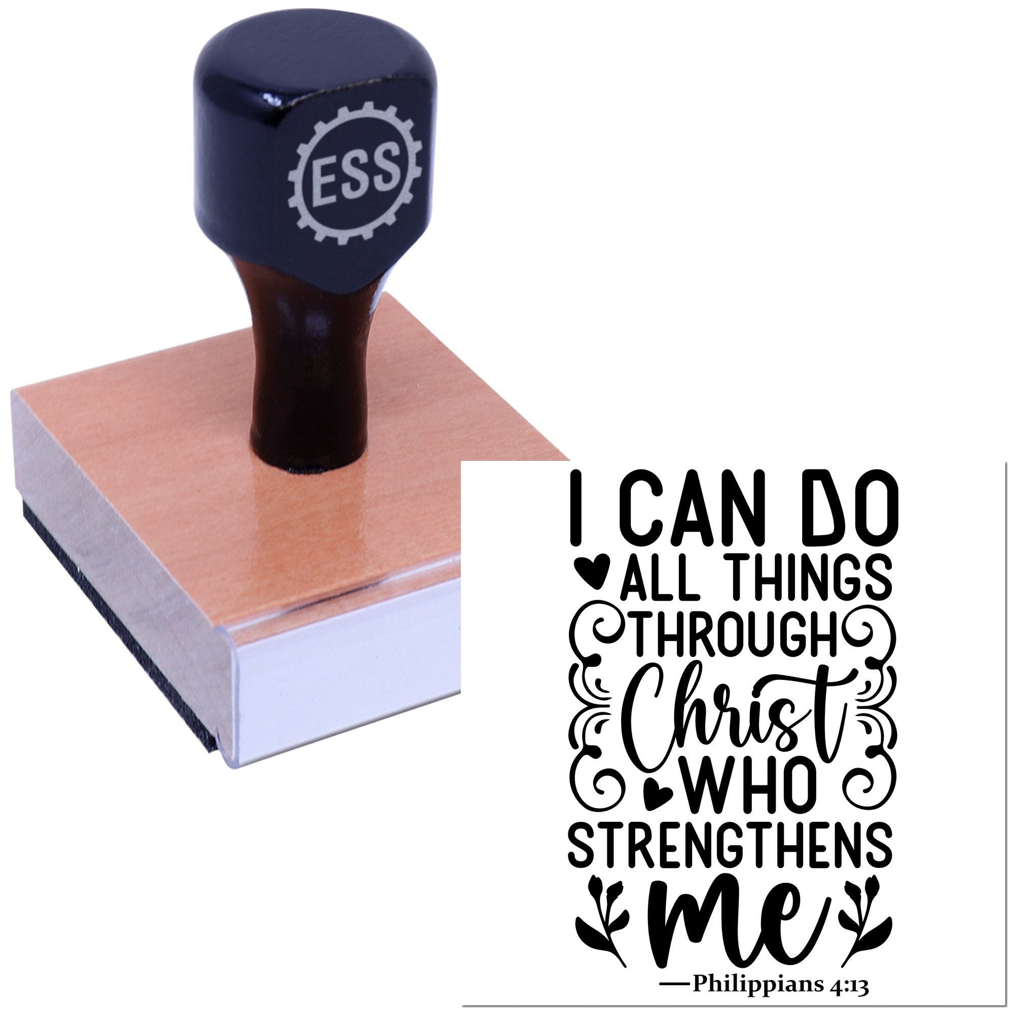 Dark navy ESS rubber stamp on wooden block beside black I can do all things through Christ seal design.
