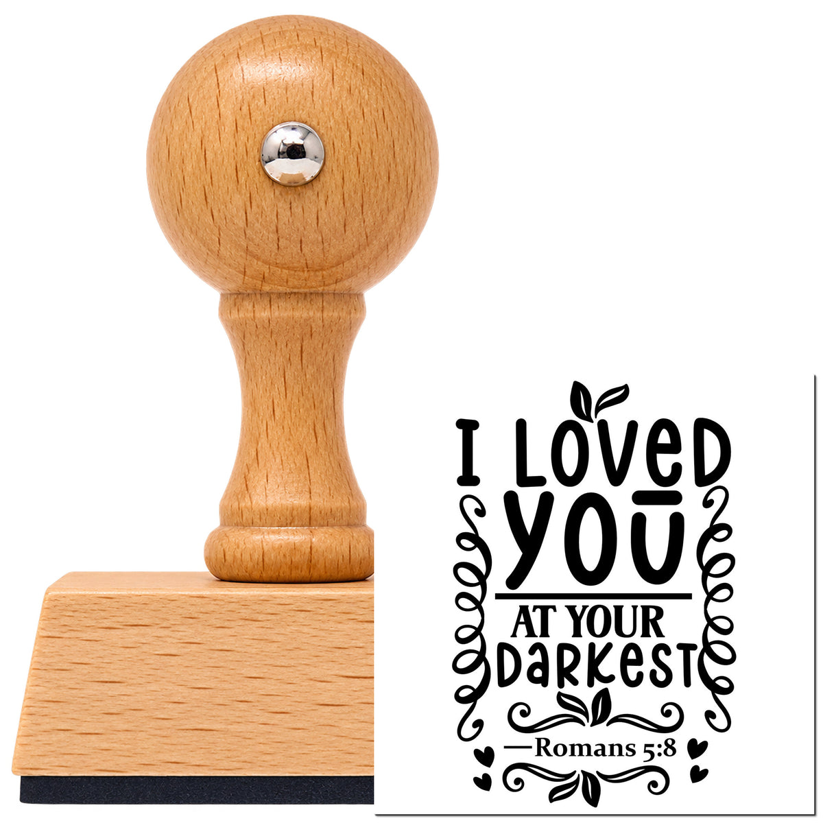 Vintage Pro beech wood stamp with a round knob handle, shown with its black I Loved You At Your Darkest Leaf Accents imprint on white.