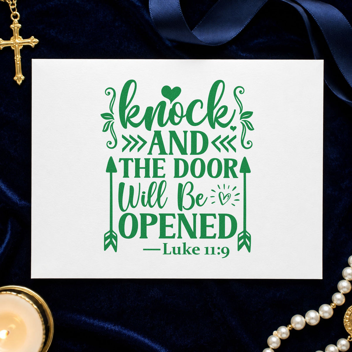 Knock and the Door Will Open craft stamp imprint in green ink on a handmade project, one idea being college applicants.