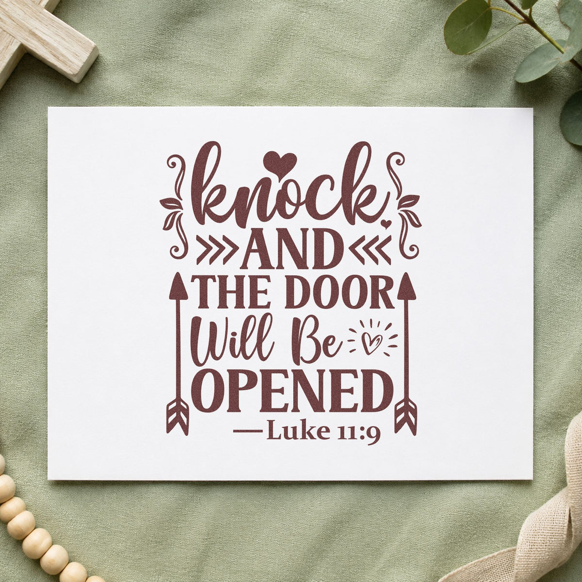 Knock and the Door Will Open rubber stamp printed in brown ink, ready for new opportunity pages and similar paper crafts.