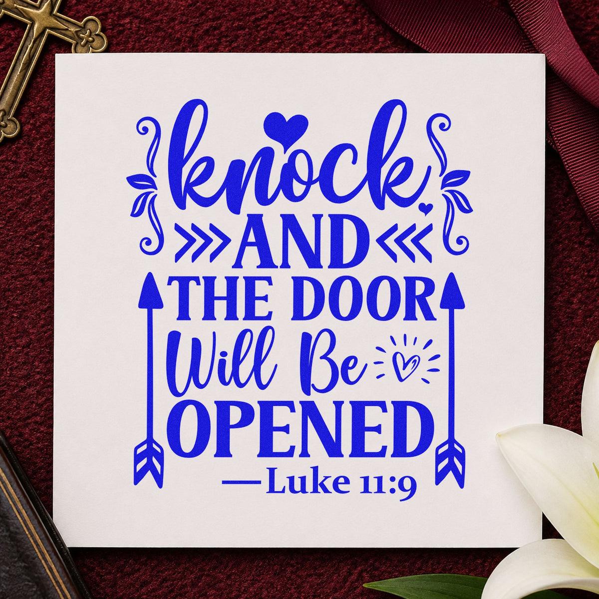 Knock and the Door Will Open craft stamp in blue ink on cardstock, an easy option for door hanger crafts.
