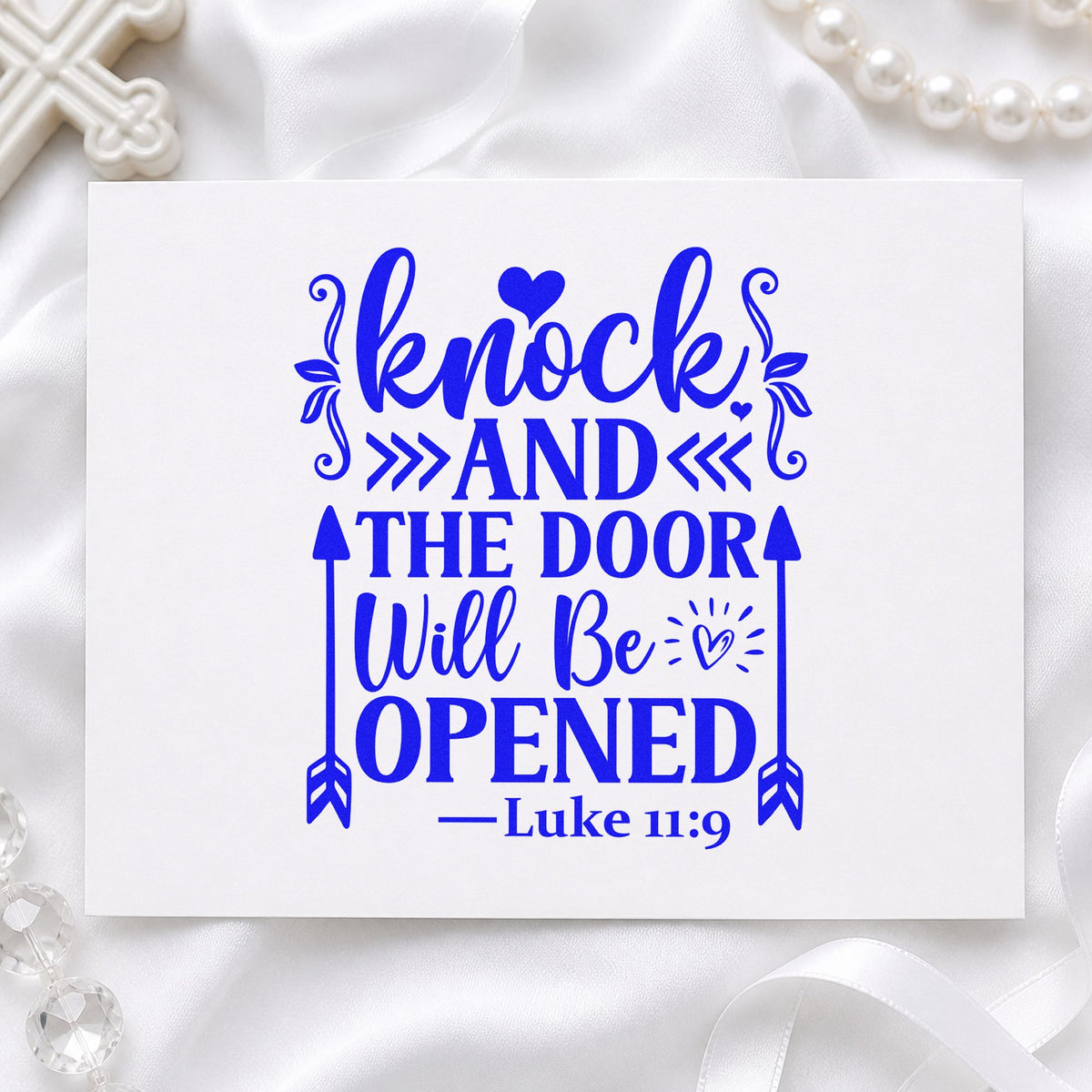 Knock and the Door Will Open craft stamp imprinted in blue ink on paper, a design suited to canvas totes.