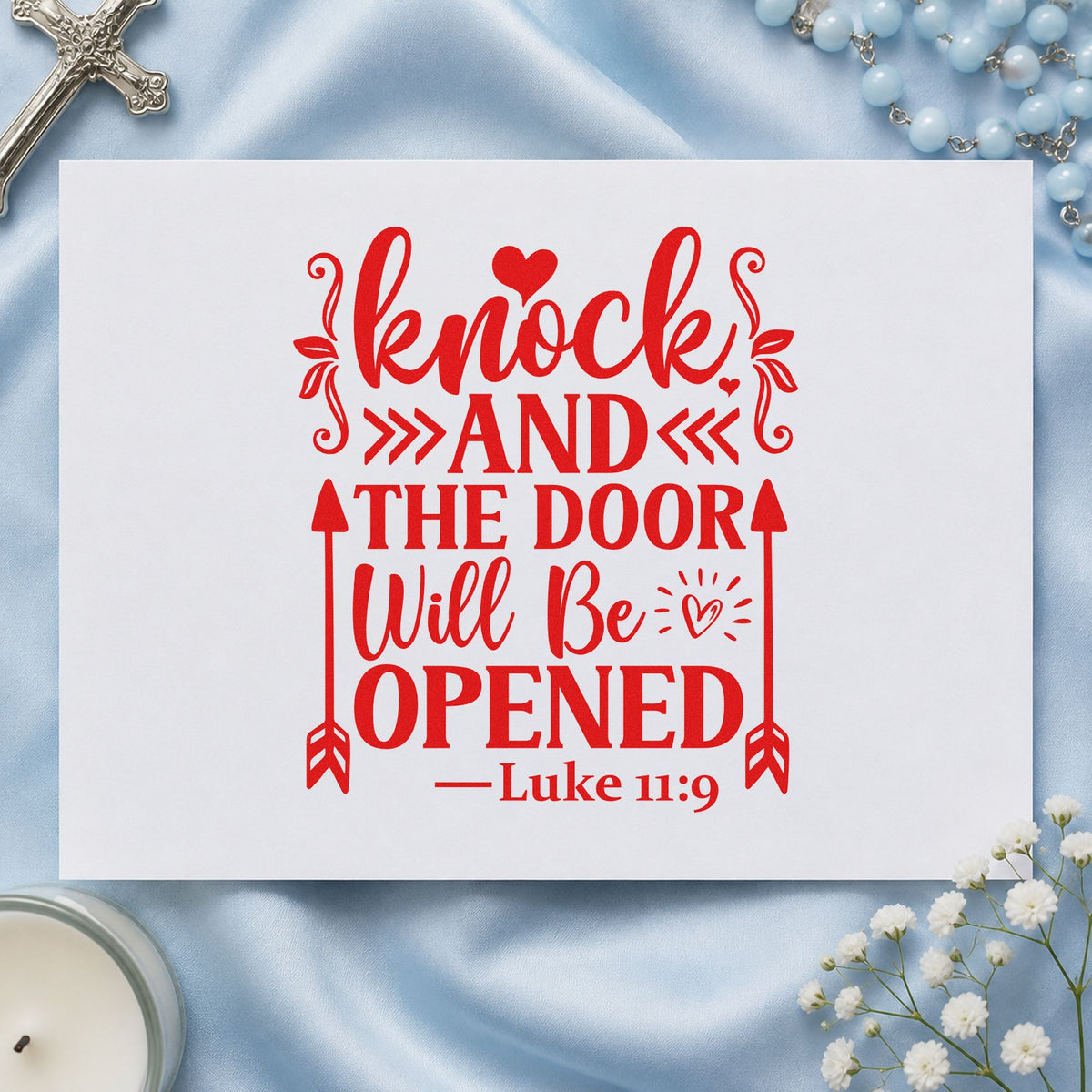 Knock and the Door Will Open rubber stamp shown in red ink, stamped for projects such as housewarming tags.