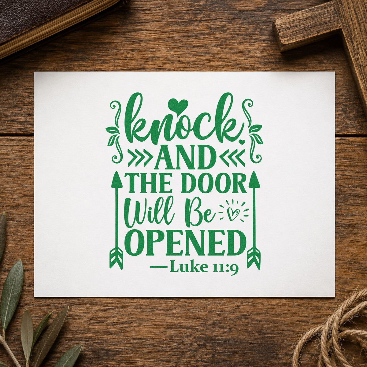 Knock and the Door Will Open craft stamp imprint in green ink on a handmade project, one idea being framed entry art.