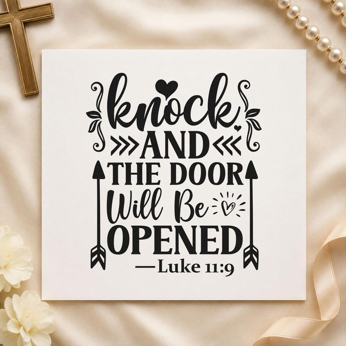 Knock and the Door Will Open rubber stamp printed in black ink, ready for knock door cards and similar paper crafts.