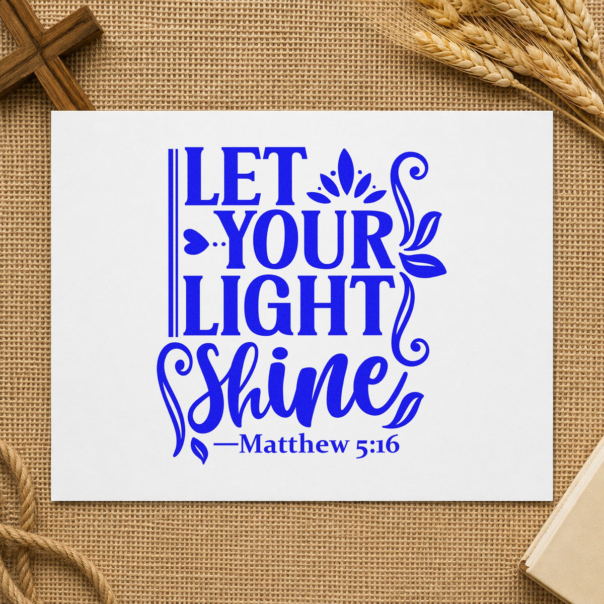 Let Your Light Shine Leaves craft stamp in blue ink on cardstock, an easy option for canvas totes.