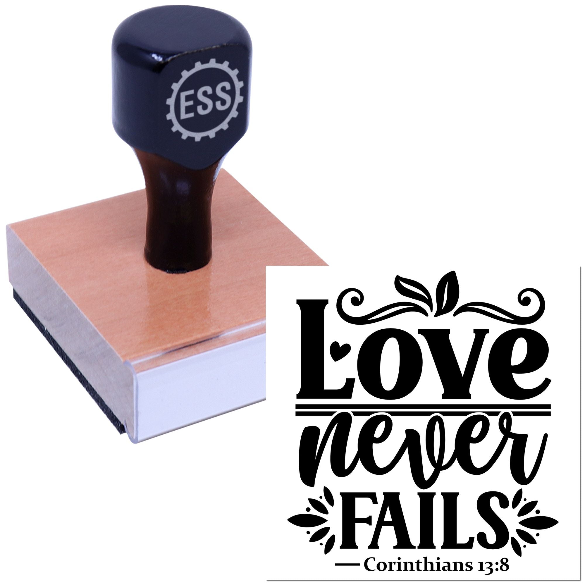 Black ESS rubber stamp on pink sealing block beside decorative Love never fails faith seal design.