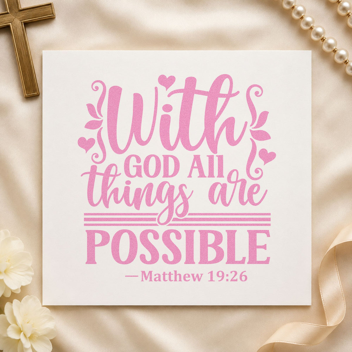 With God All Things Possible craft stamp in purple ink on cardstock, an easy option for grad school gifts.