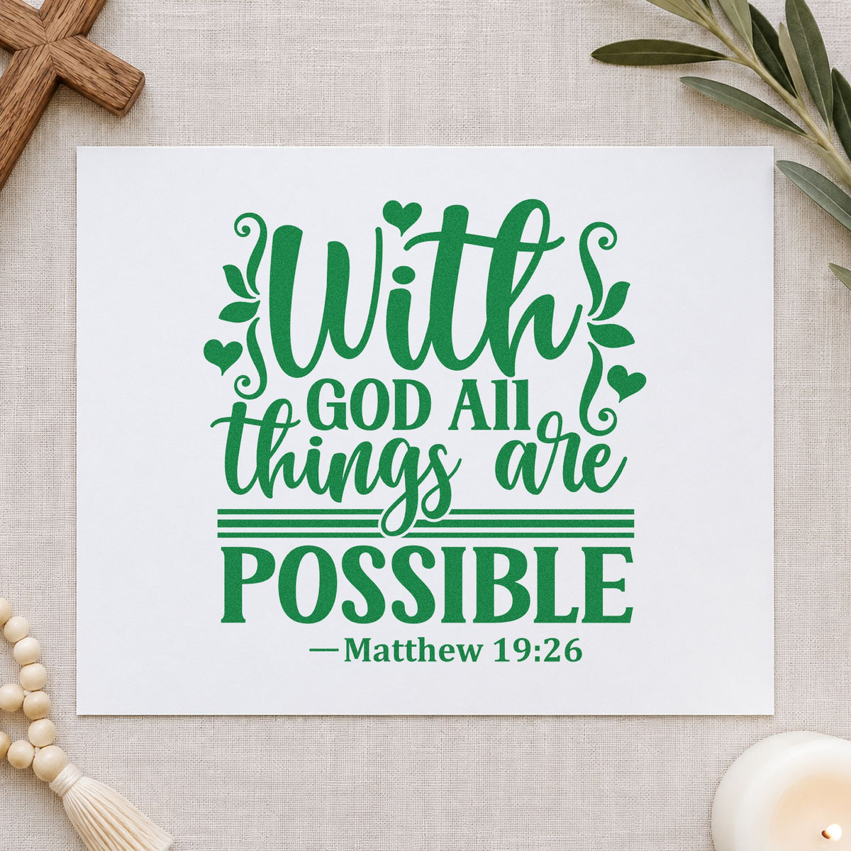 With God All Things Possible craft stamp imprint in green ink on a handmade project, one idea being fertility hope notes.