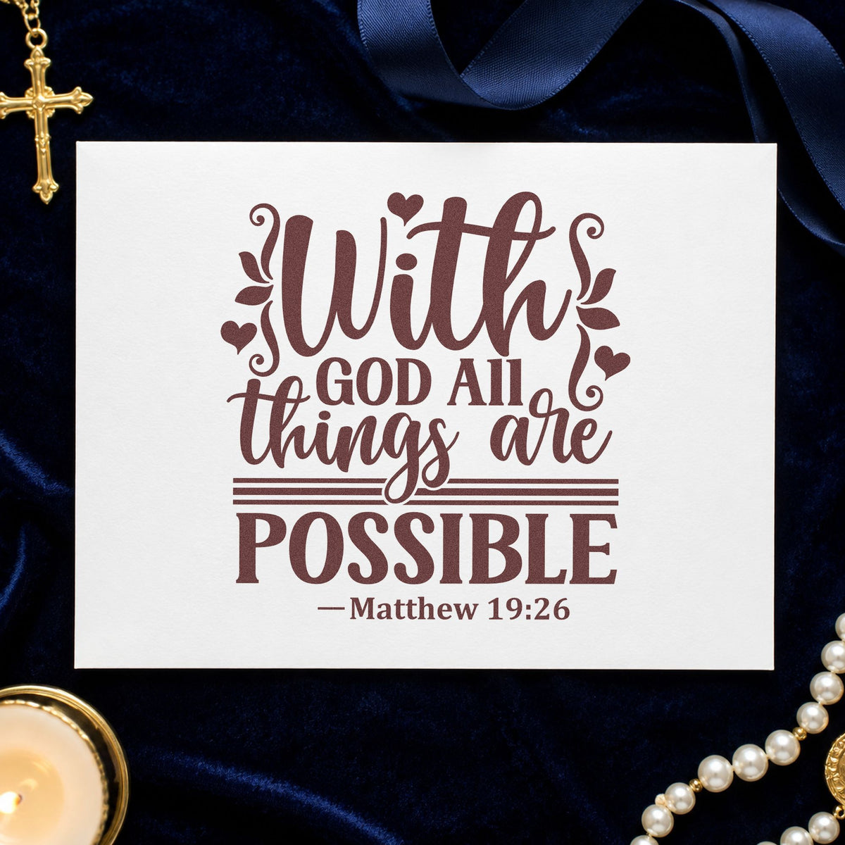 With God All Things Possible rubber stamp printed in brown ink, ready for big goal scrapbooks and similar paper crafts.