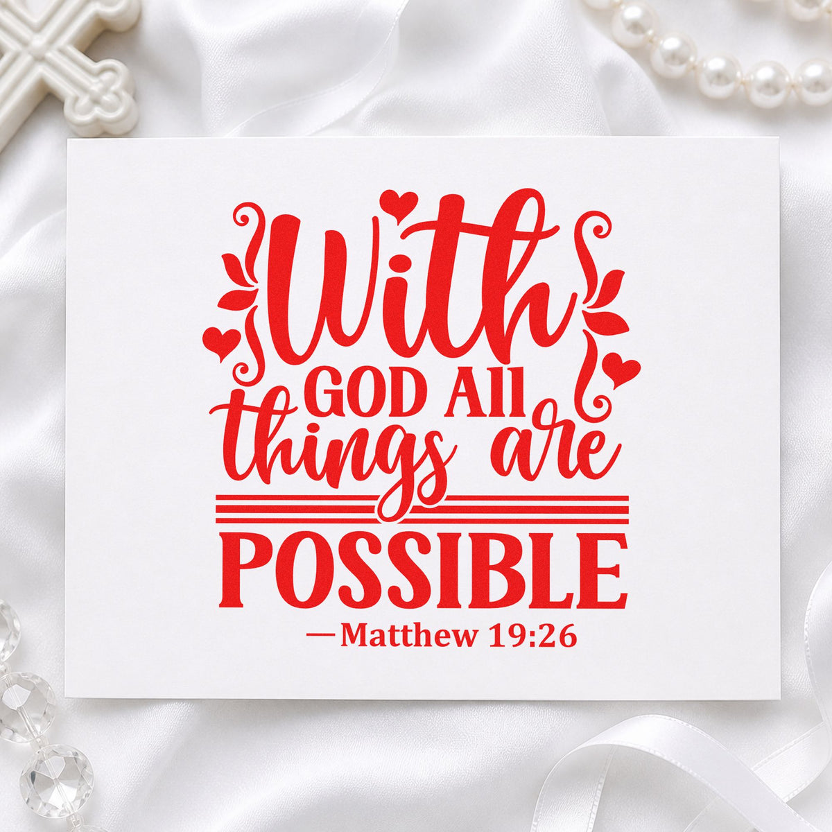 With God All Things Possible rubber stamp shown in red ink, stamped for projects such as journal cover stamping.