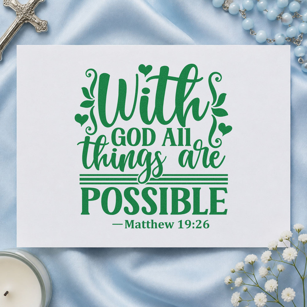 With God All Things Possible craft stamp imprint in green ink on a handmade project, one idea being framed nursery art.