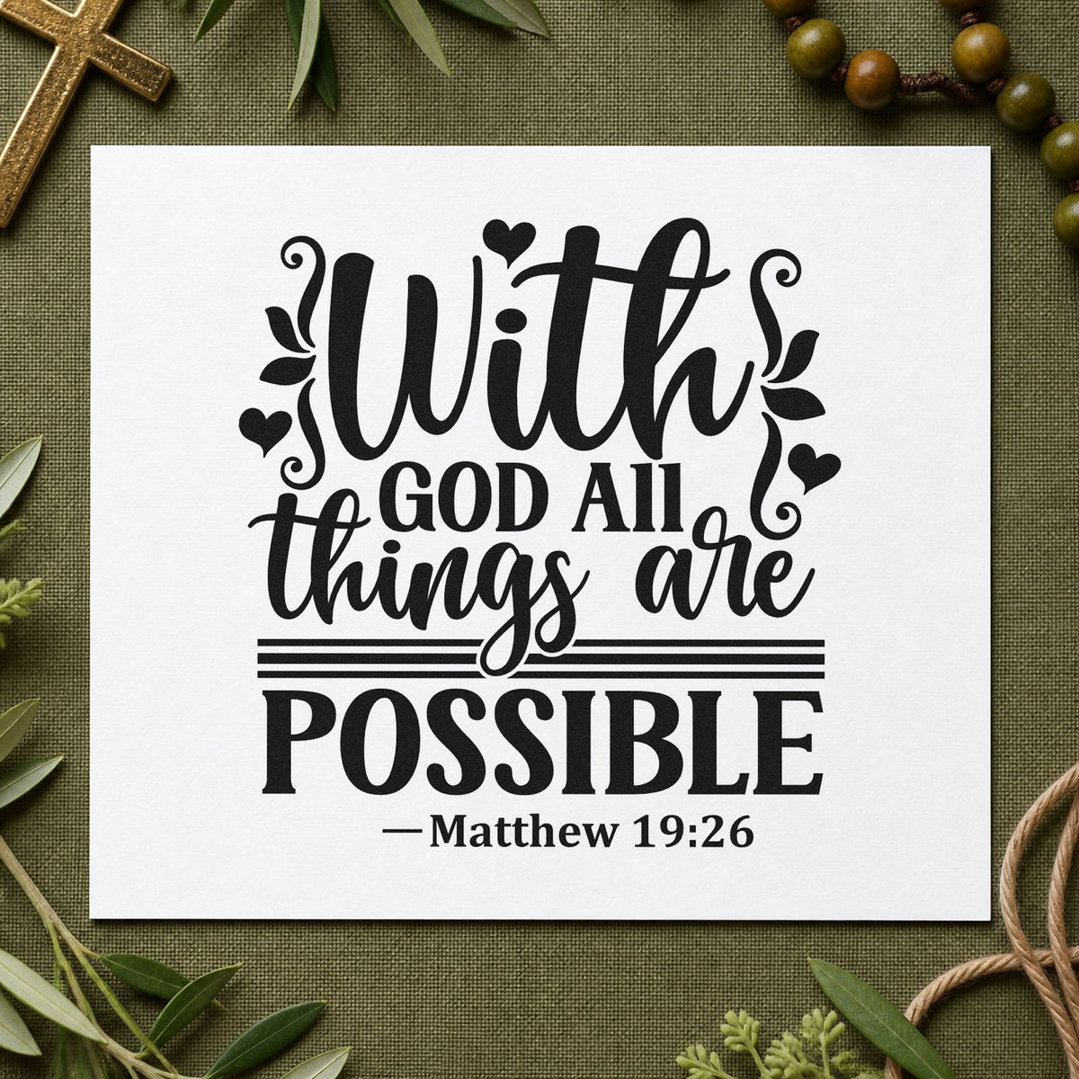 With God All Things Possible rubber stamp printed in black ink, ready for possible verse cards and similar paper crafts.